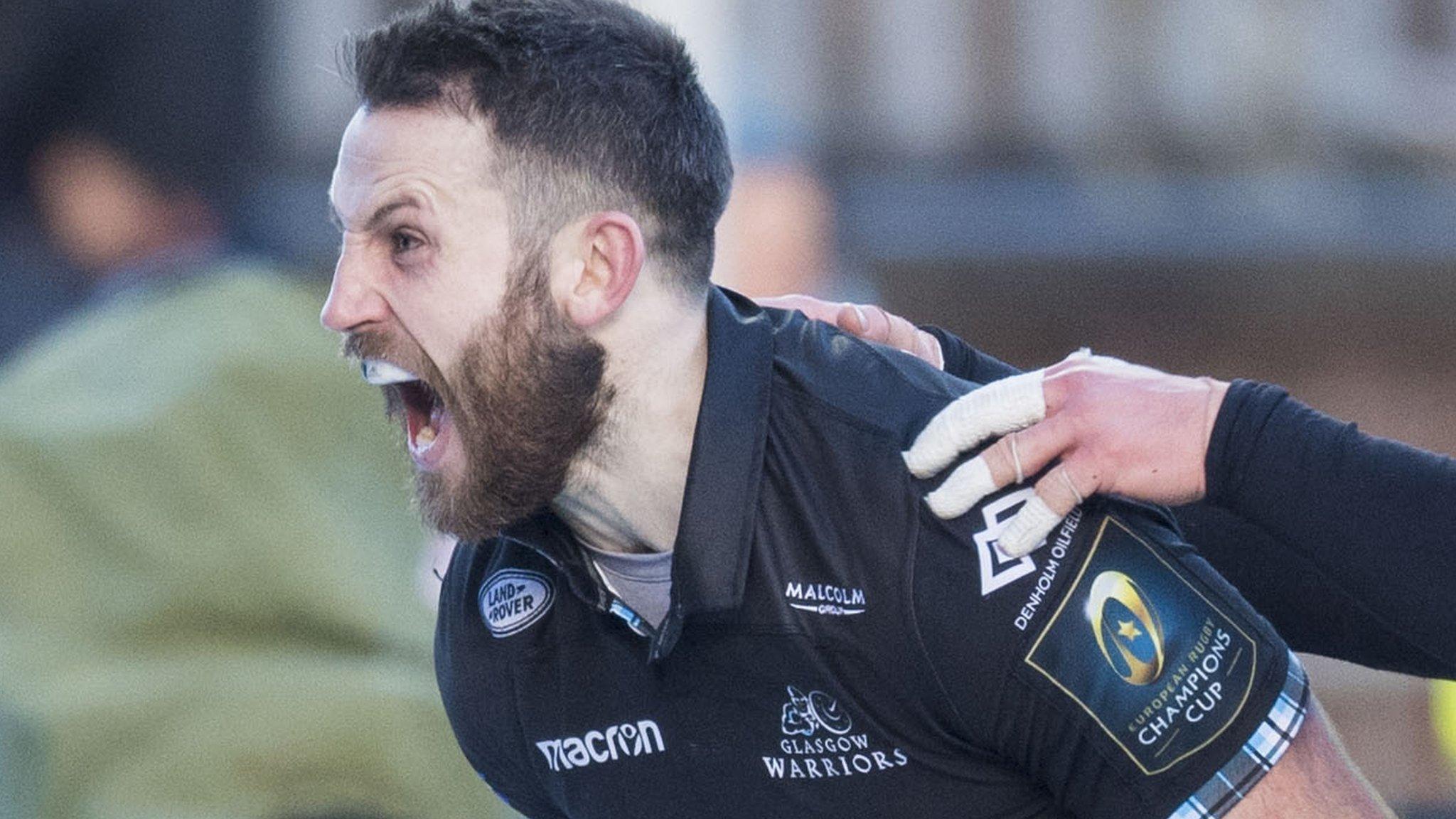 Tommy Seymour celebrates scoring for Glasgow Warriors against Exeter Chiefs