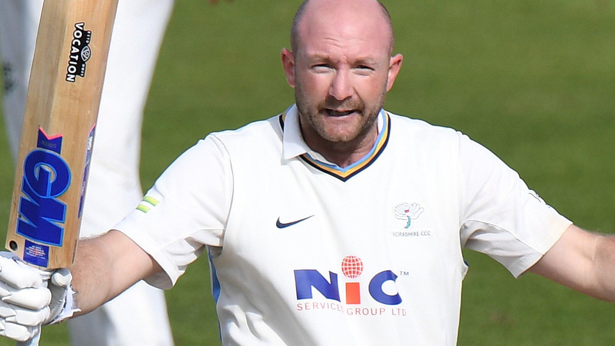 Yorkshire opener Adam Lyth celebrates reaching 100