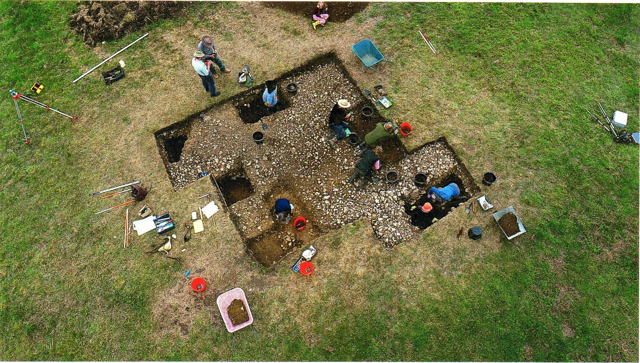 Aerial view of Maids Moreton Mound site in 2015