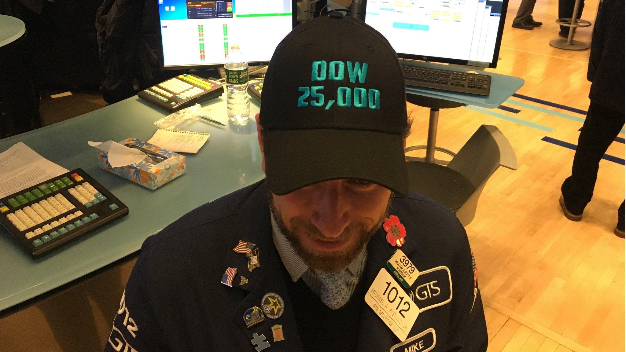 A trader wears a Dow 25,000 hat