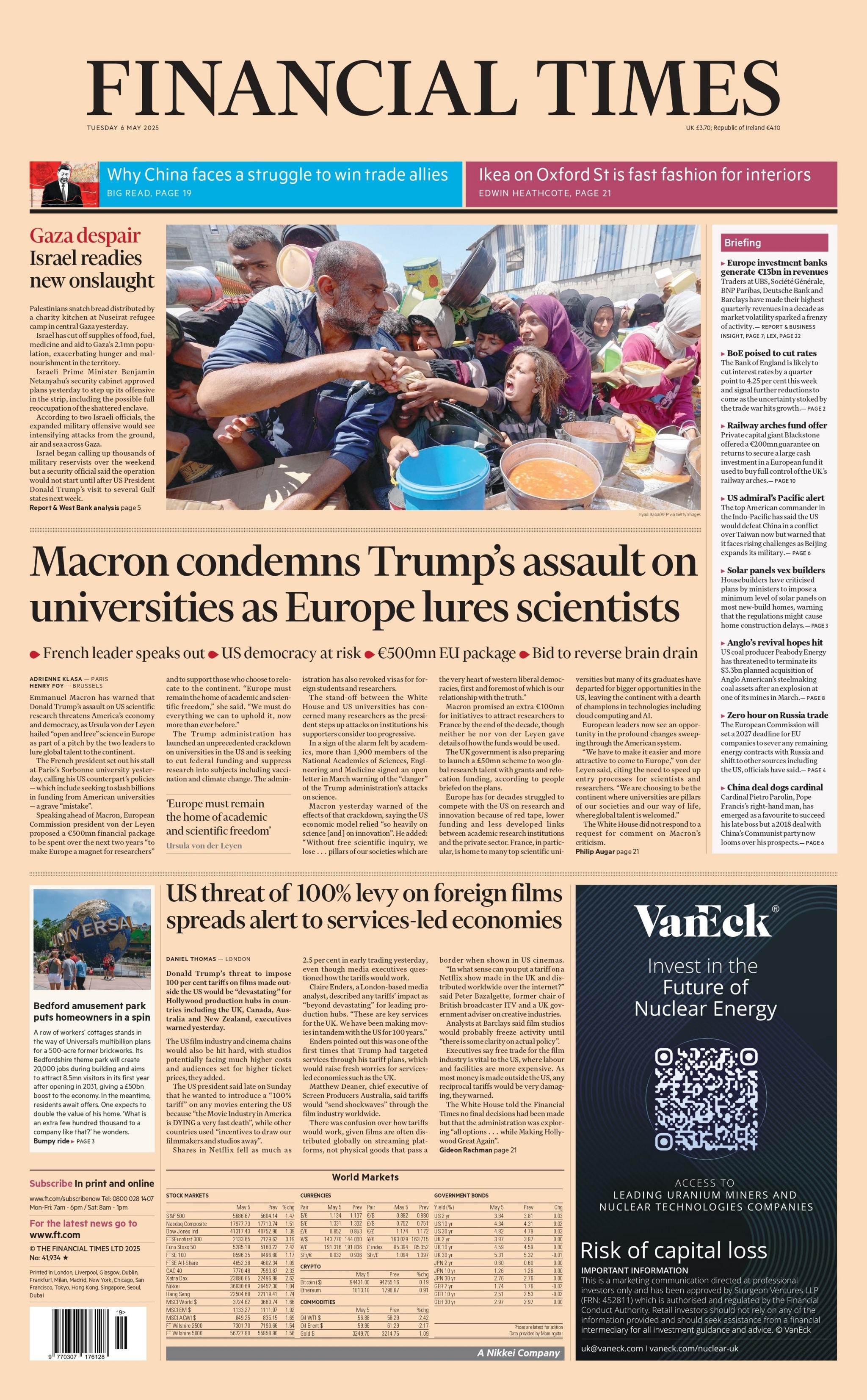 The front page of the Financial Times features a story about Israel's offensive in Gaza. Below a headline reads: "Macron condemns Trump's assault on universities as Europe lures scientists."