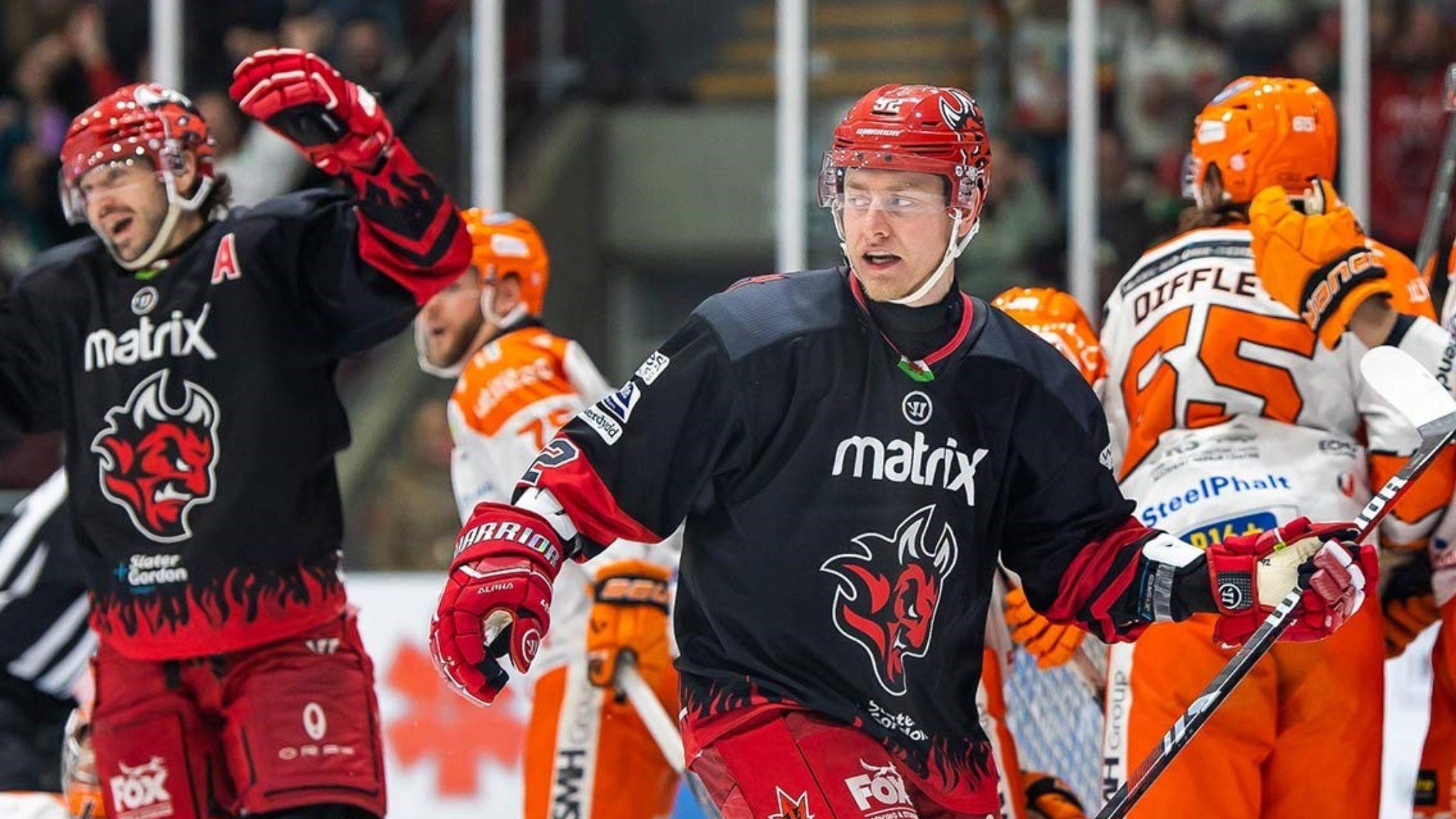 Cardiff Devils celebrate a Joey Martin goal against Sheffield Steelers