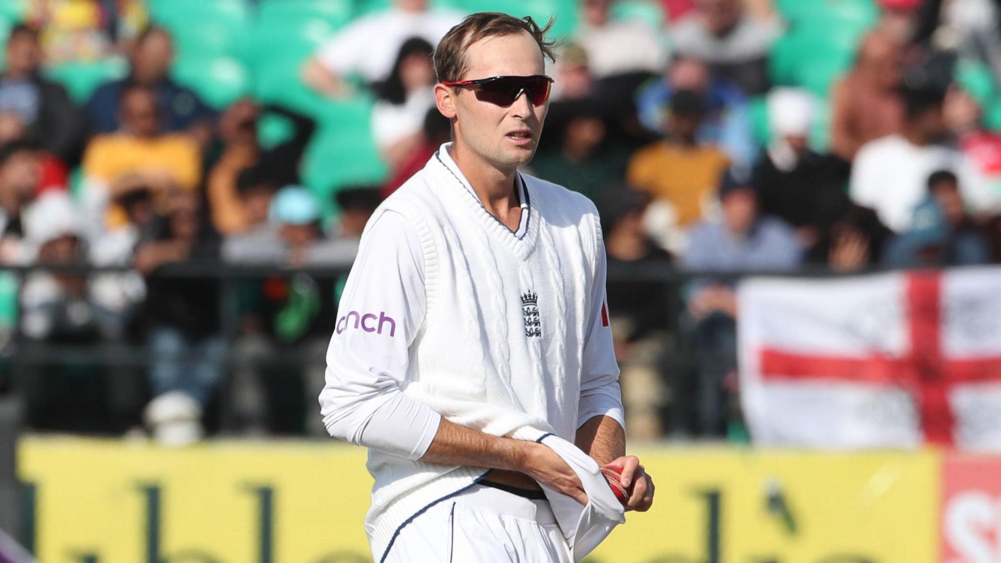 Tom Hartley playing for England in India in 2024 