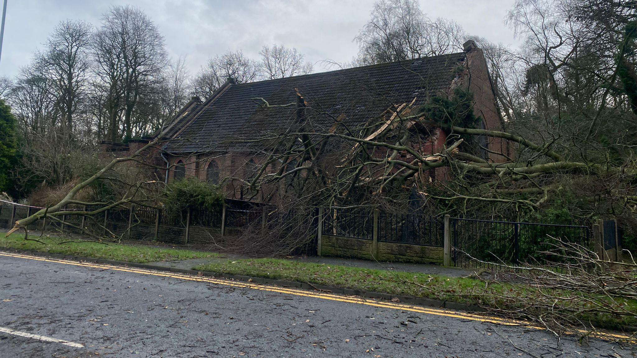 A derelict church building next to a woodland with bare trees, and lots of branches on the ground. The tree has gone into the back of the church, causing damage to red bricks on the roof