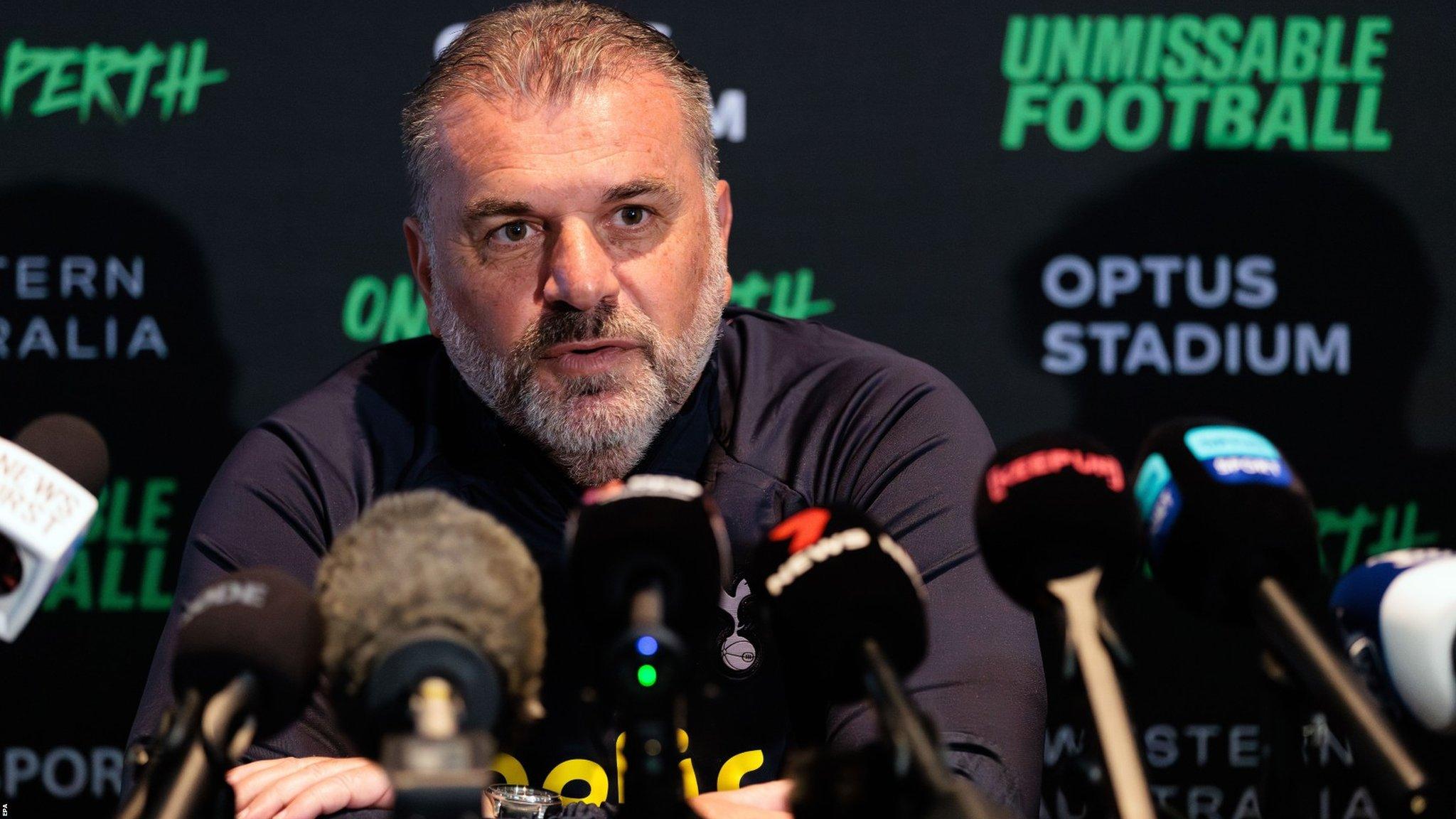 Ange Postecoglou speaks to the media at a news conference in Perth on Monday