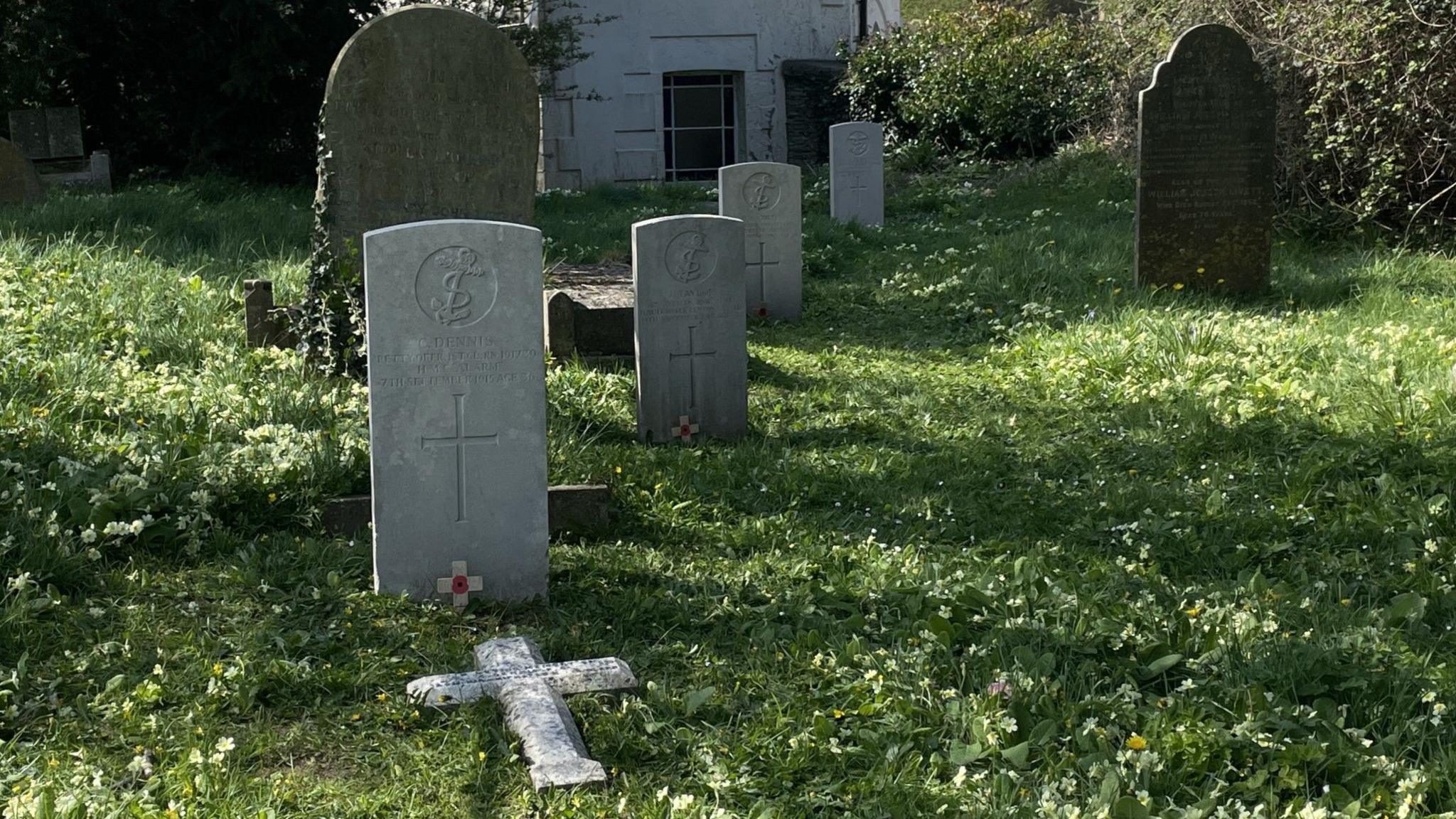 Four pale grey headstones stand in a diagonal line amongst the grass and cowslips. They look new compared to the older, unrestored grave markers.
