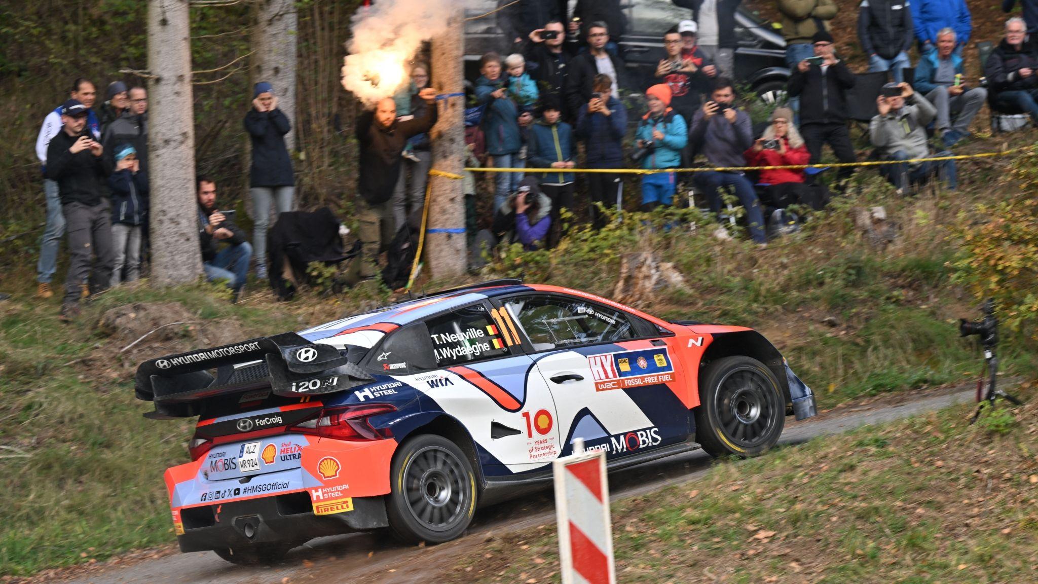 Belgium's Thierry Neuville and his co-driver Martijn Wydaeghe with Hyundai i20 N Rally1 Hybrid during the WRC Central European Rally 2024