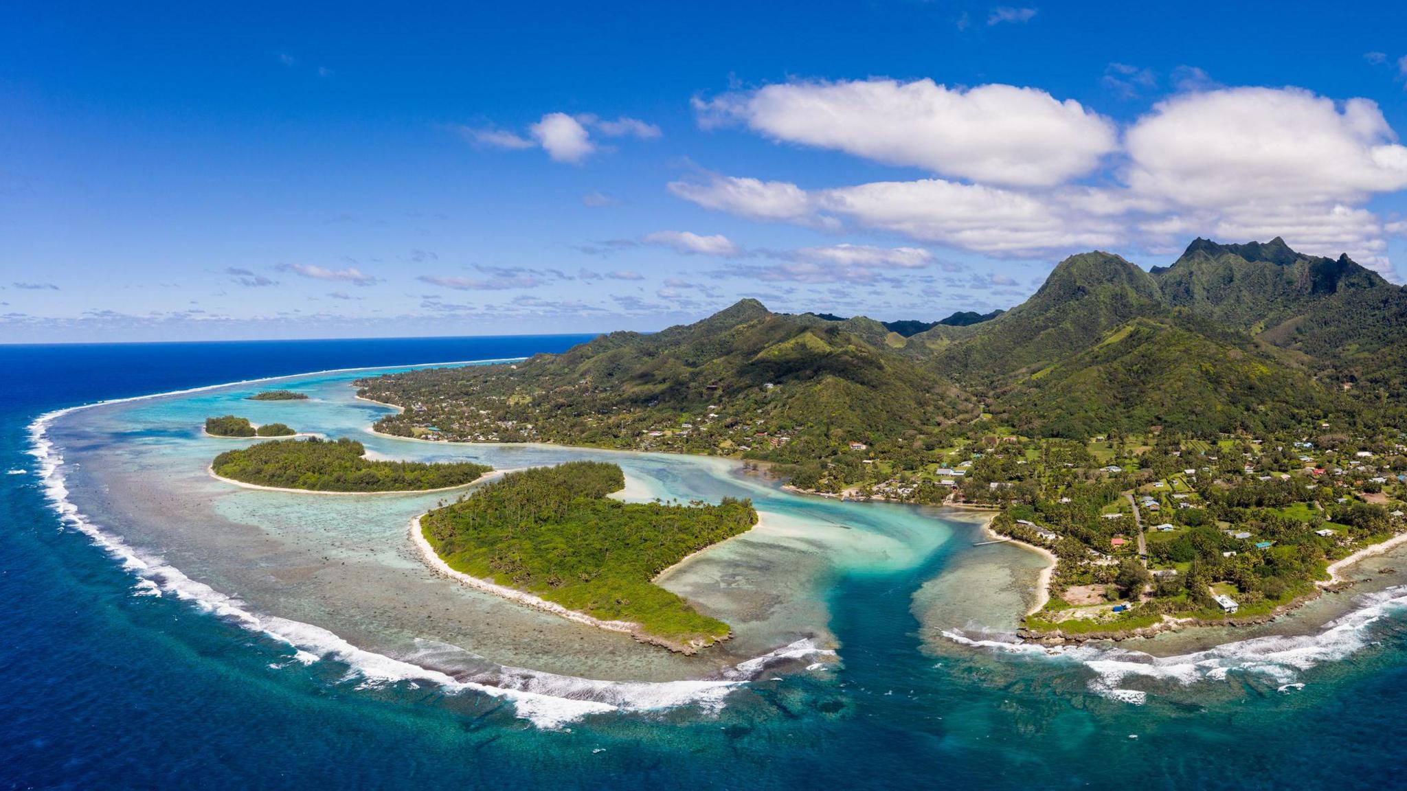 Aerial view of the Muri beach and lagoon, in Rarotonga in the Cook Islands