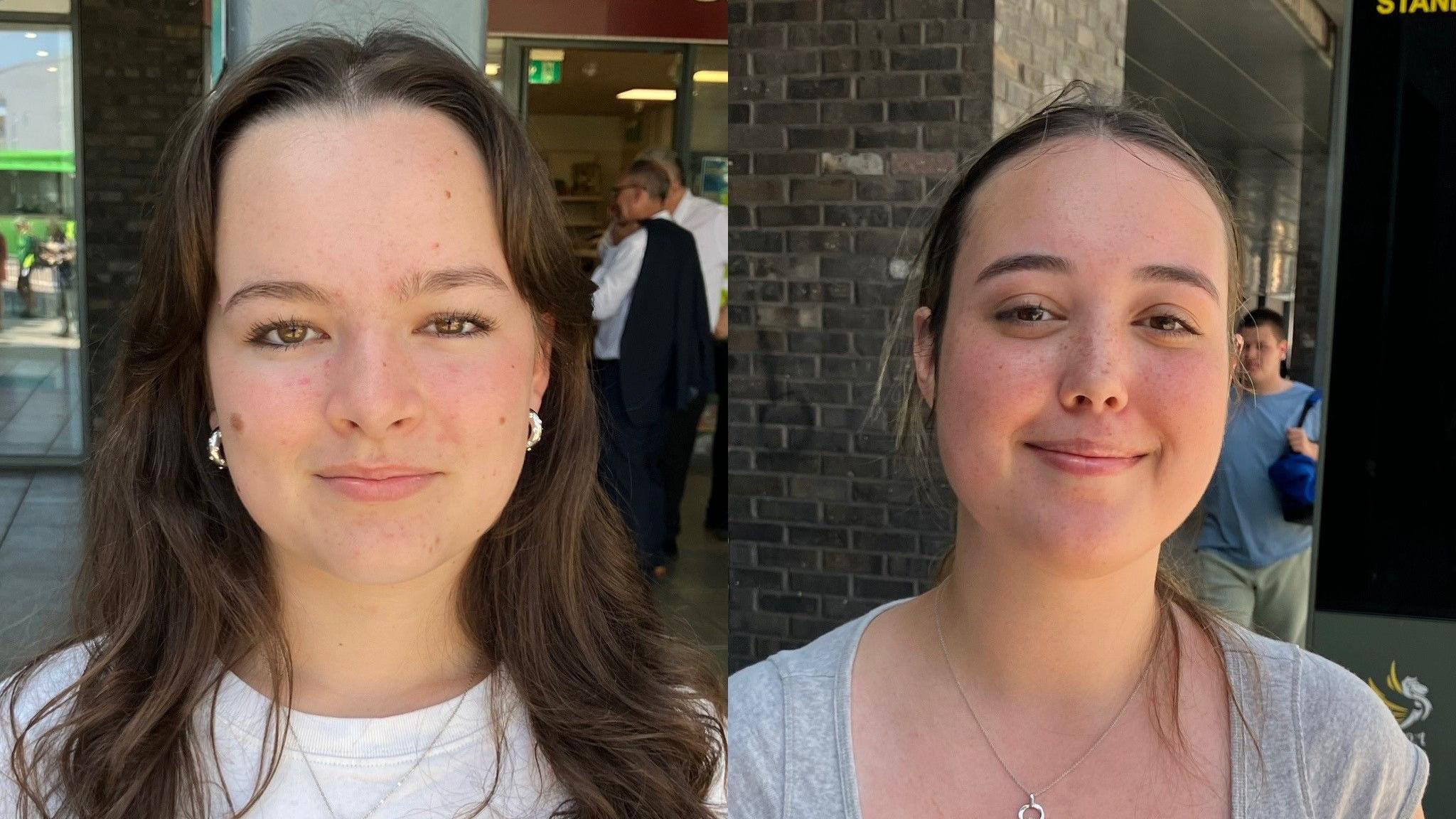 Hanna and Neve standing outside Newport bus station with people in the background. Hanna is on the left and is wearing a white tee-shirt, while Neve is wearing a light grey tee-shirt and a necklace.