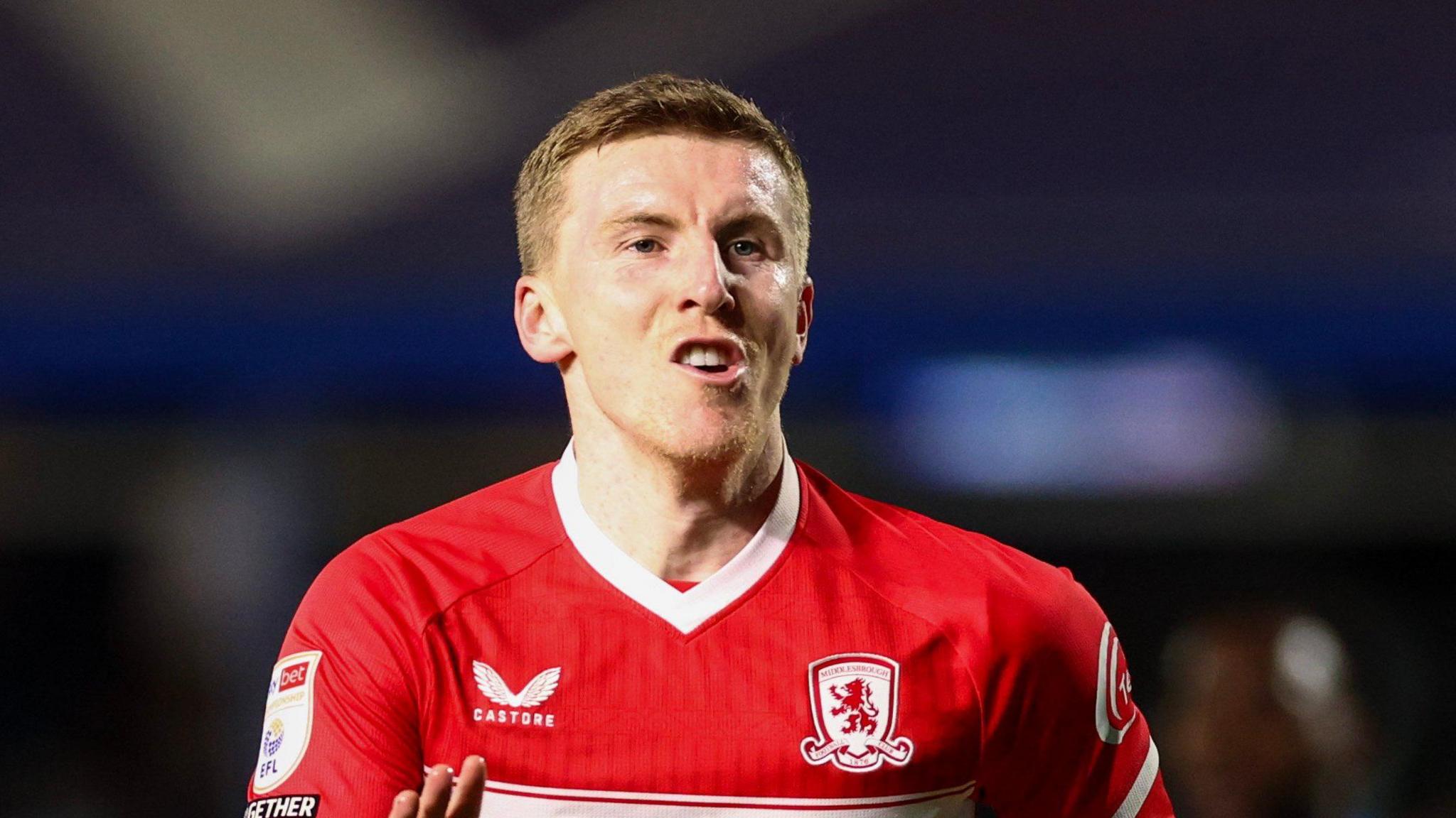 Matt Target with a big smile on his face after scoring for Middlesbrough at Birmingham