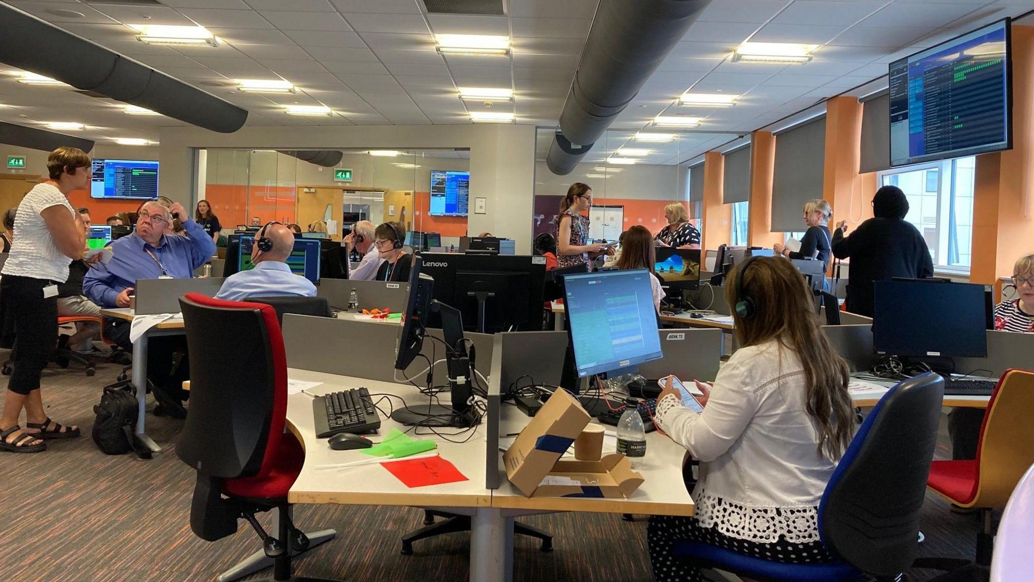 The open-plan clearing call centre in room F42 on the fourth floor of the university