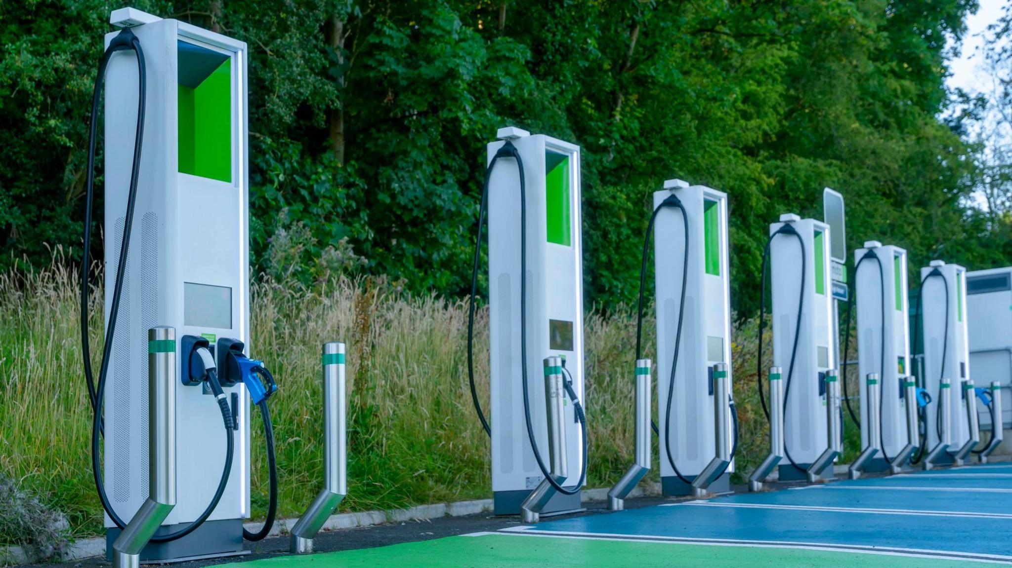 Several electric vehicle charging stations are set up in a green outdoor area, ready for use under bright sunlight, surrounded by trees and grass.