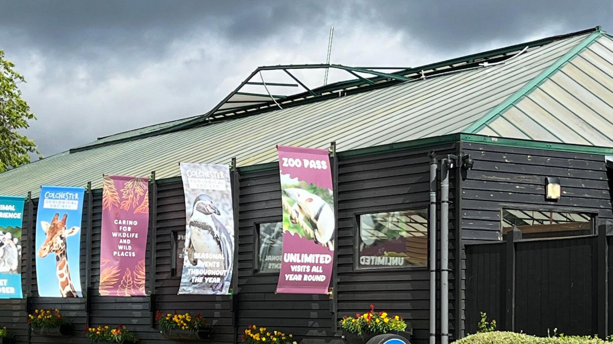 The large orangutan enclosure pictured from outside. It is a black weatherboarded building with a green and grey roof. Part of the roof is damaged, however, with either planks or poles jutting outwards. Banners with pictures of animals on them line the side of the building on a stormy day.