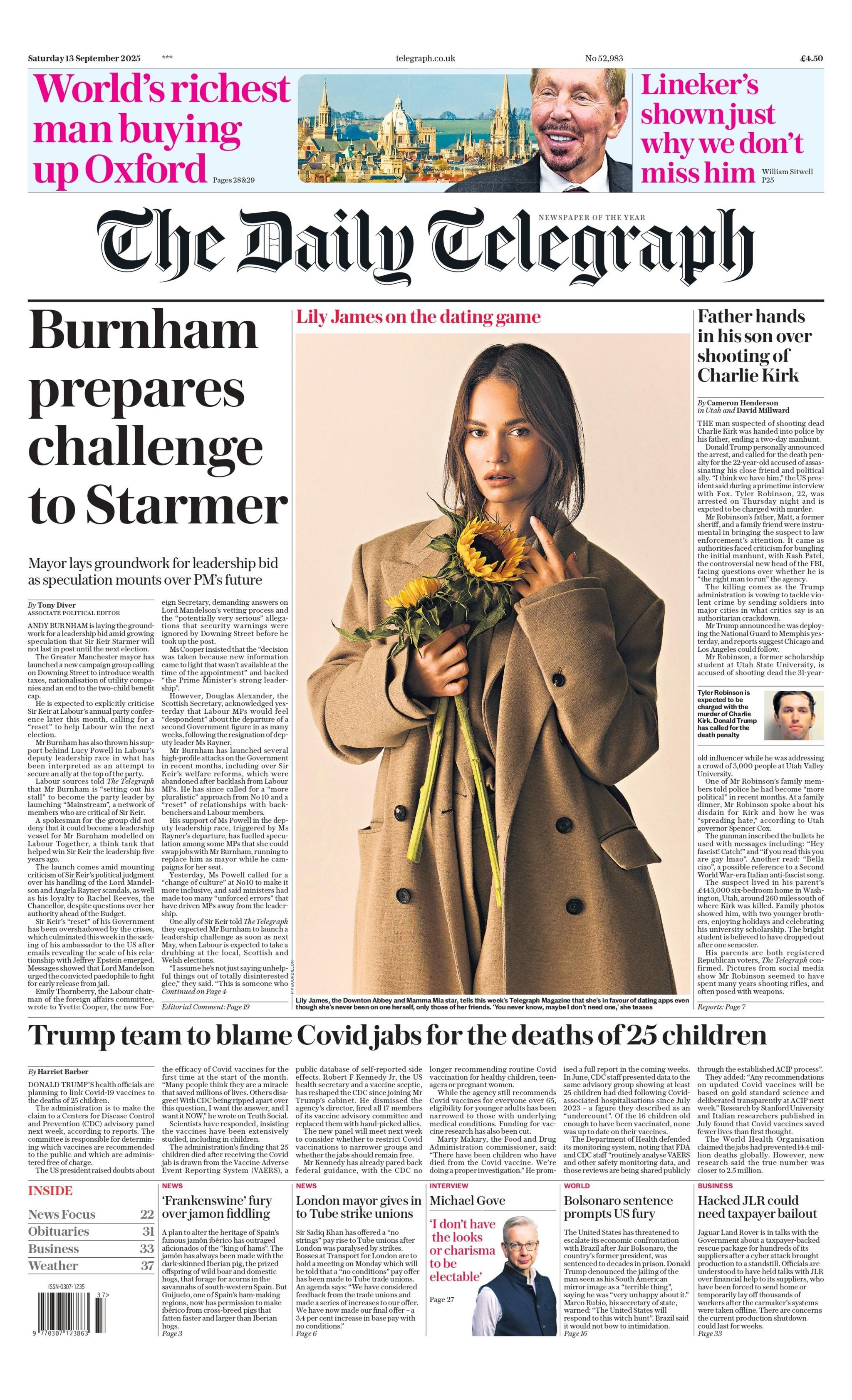 The headline on the front page of the Daily Telegraph reads: "Burnham prepares challenge to Starmer".