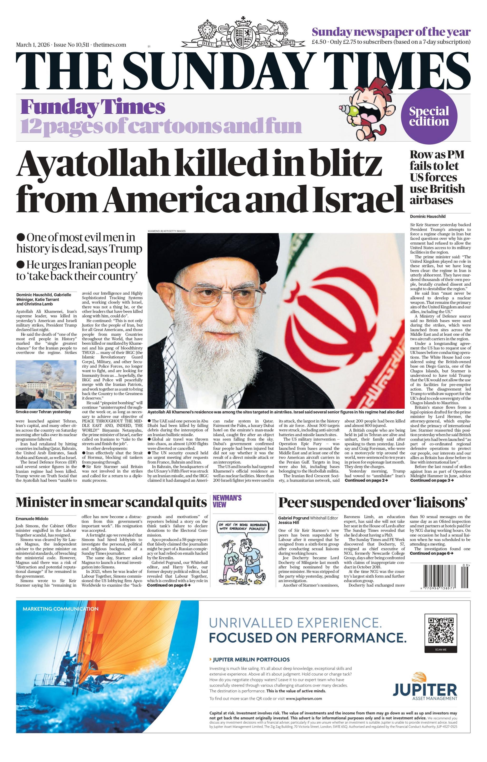 The headline on the front page of Sunday Times reads: "Ayatollah killed in blitz from America and Israel".