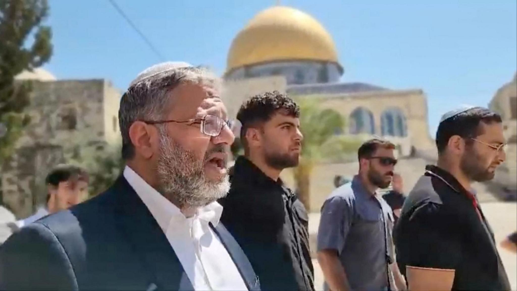 Screengrab from video showing Israeli National Security Minister Itamar Ben-Gvir (left) visiting the al-Aqsa Mosque compound in occupied East Jerusalem (13 August 2024)