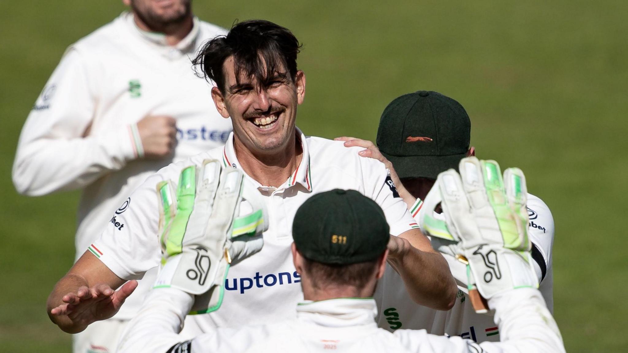 Leicestershire's Chris Wright celebrates claiming his 600th first-class wicket on day two against Northants