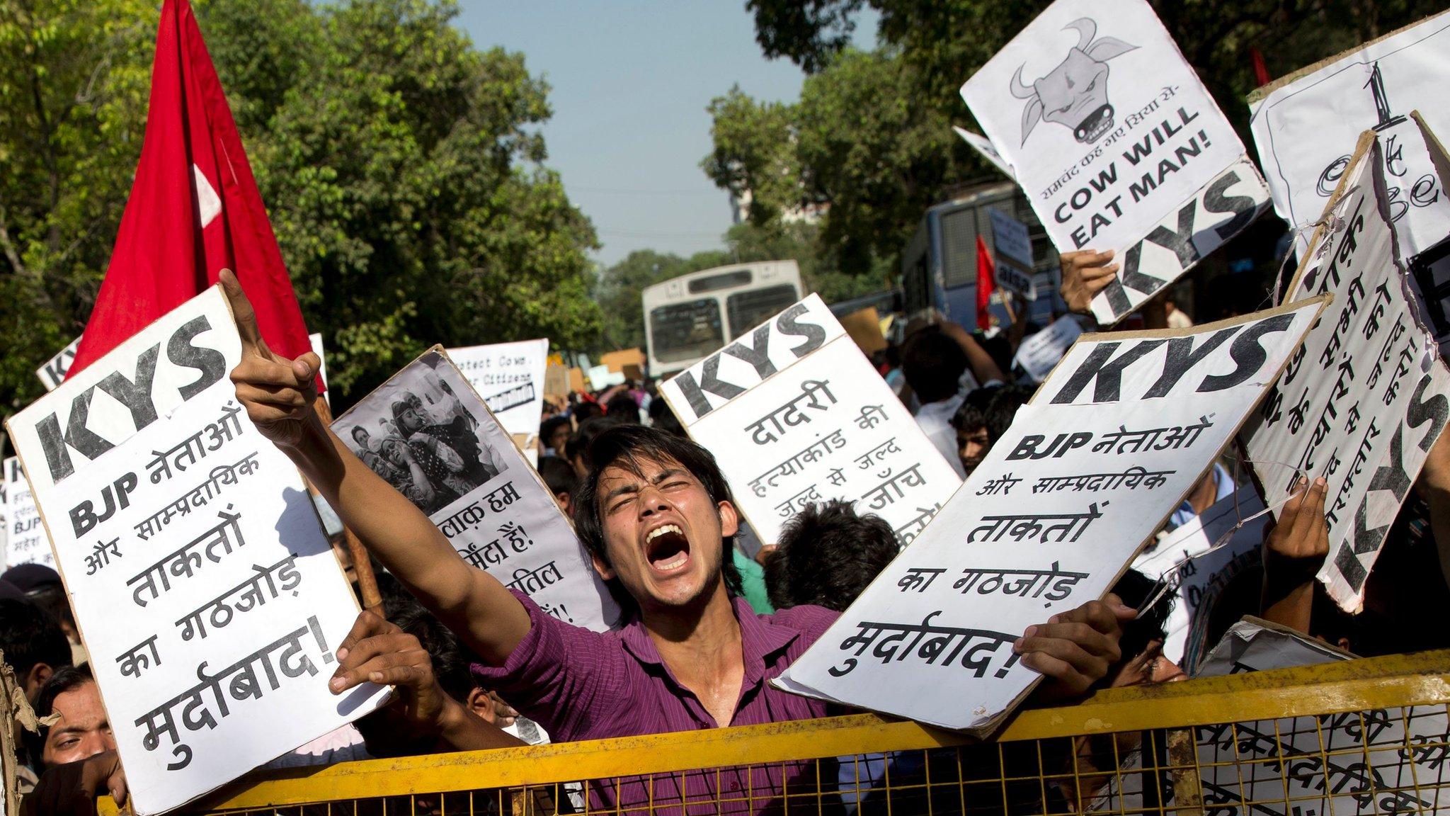 An activist shouts slogans during a protest against the killing of a 52-year-old Muslim farmer Mohammad Akhlaq over rumours he was storing beef