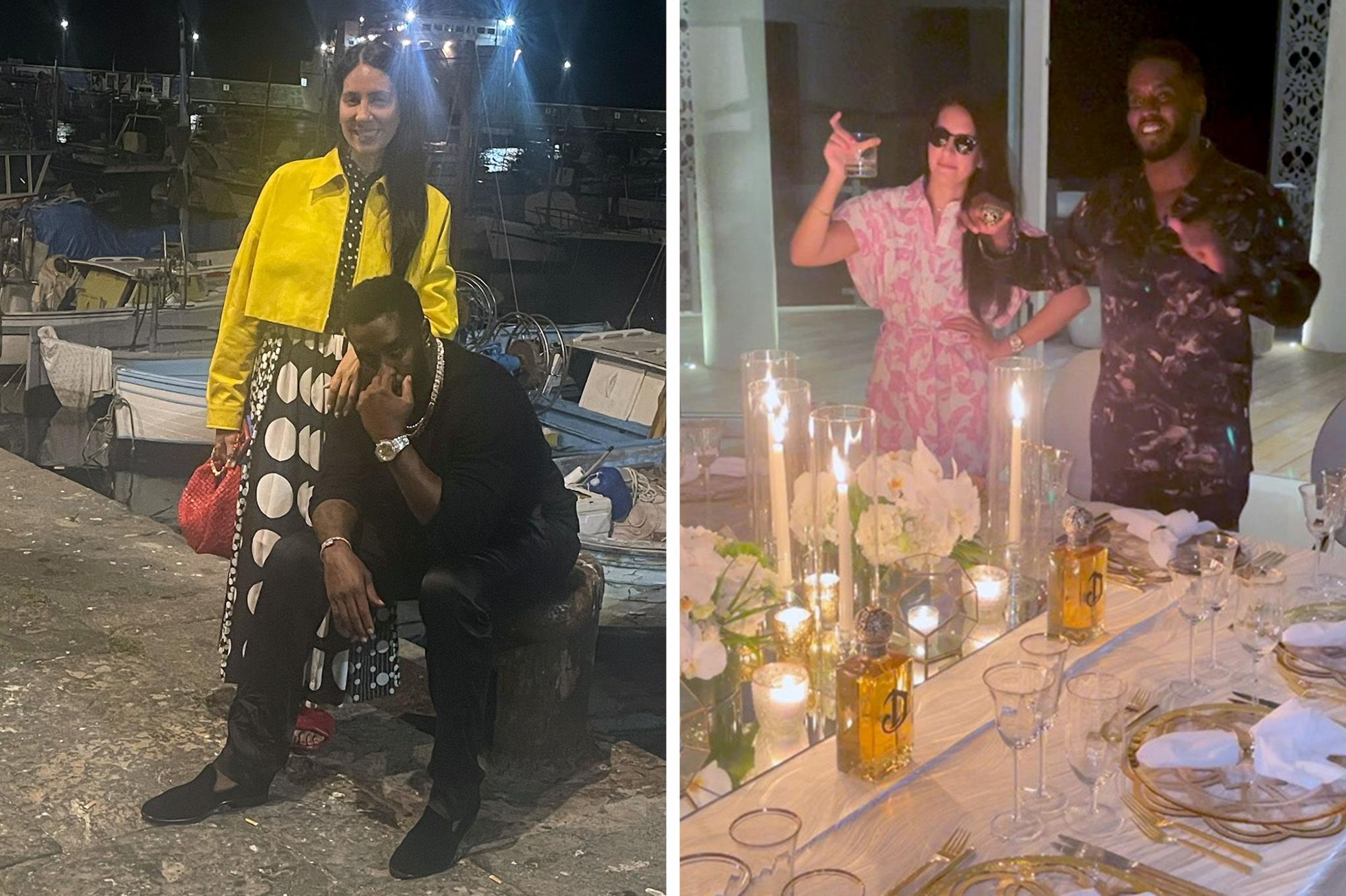 Split image showing Sean Combs and Kristina Khorram near a dock with boats at night (left), and posing indoors beside a candlelit dining table with flowers and glassware (right).