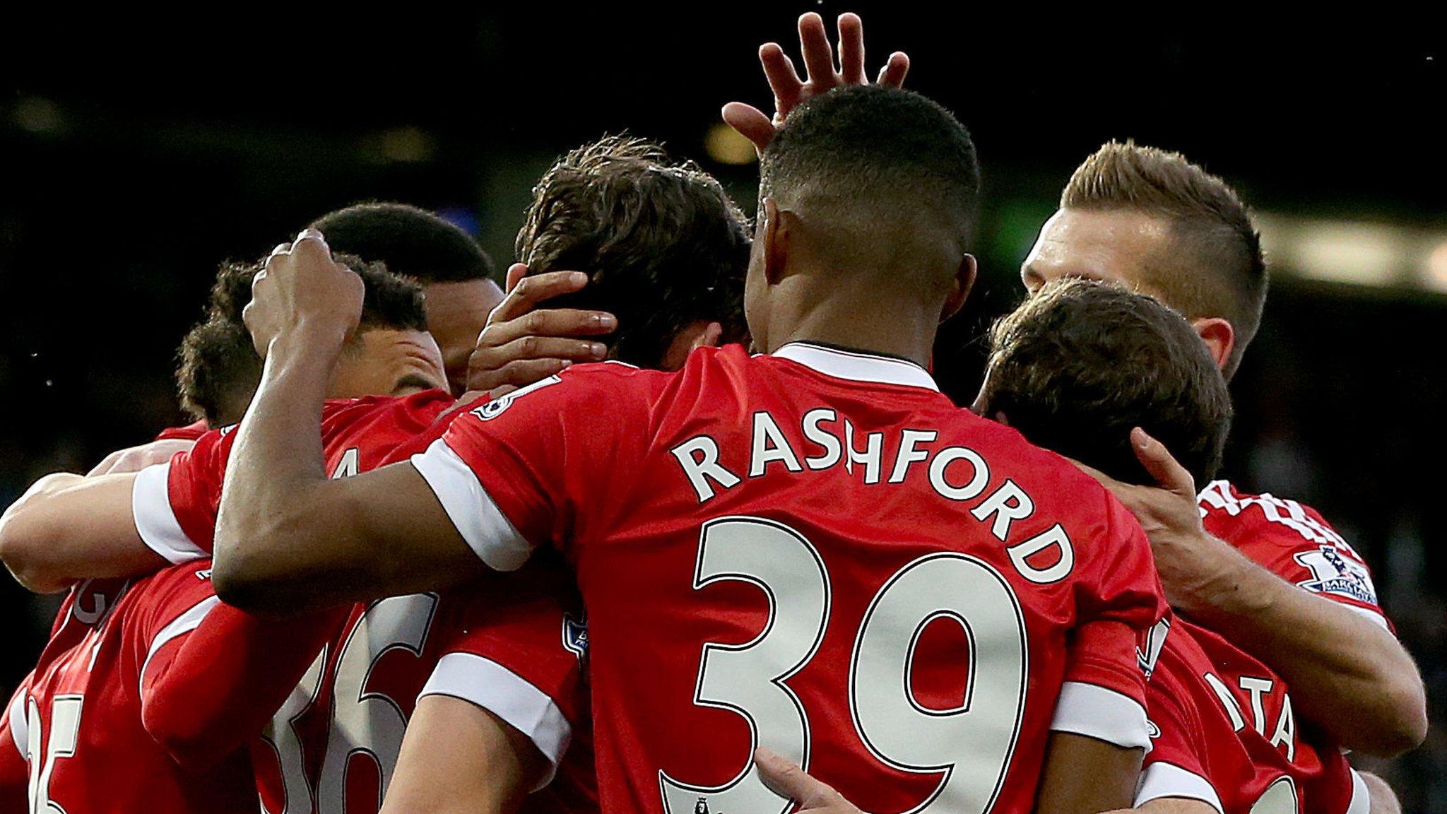 Manchester United's players celebrate taking the lead against Crystal Palace