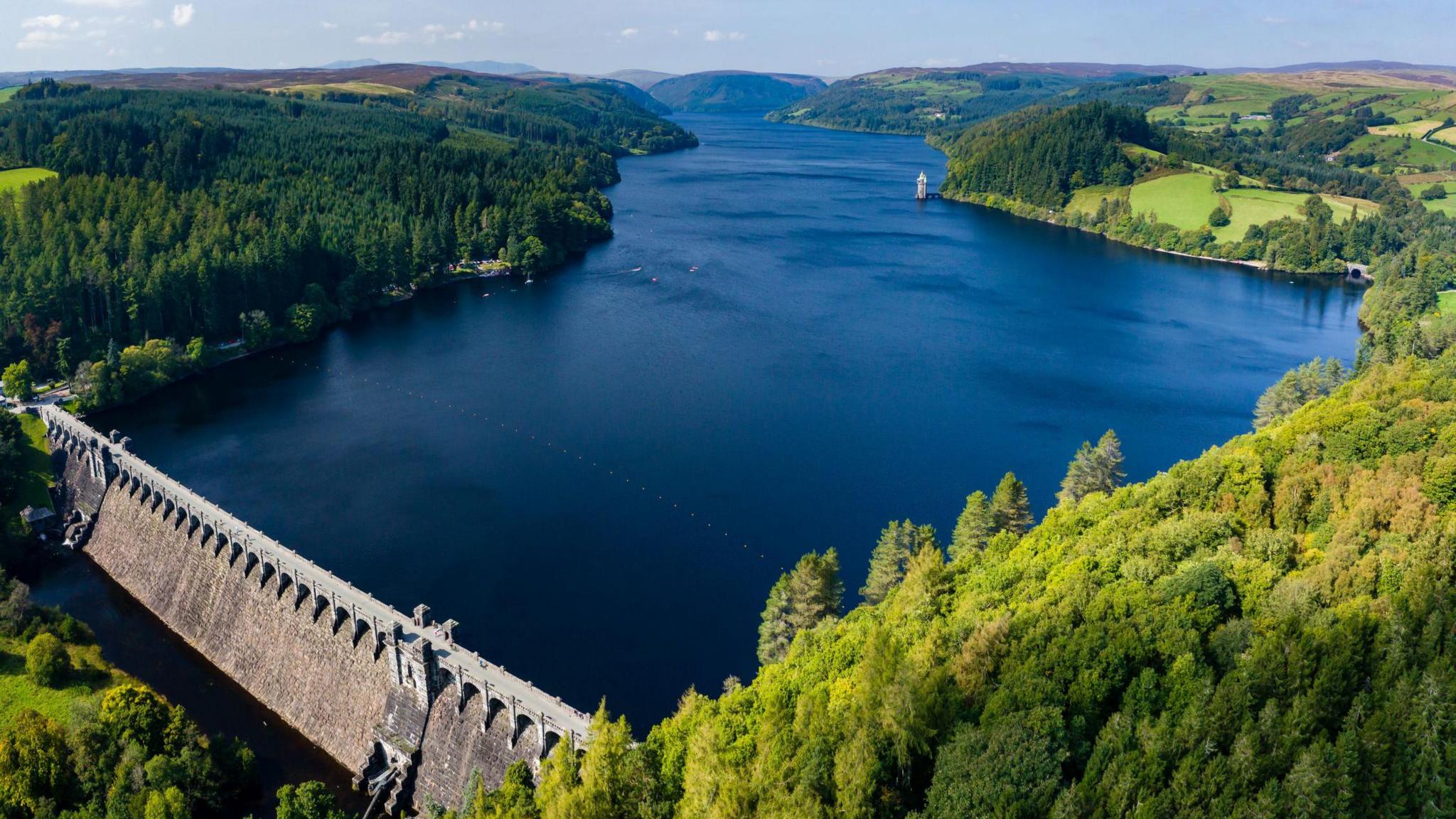 Lake Vyrnwy from above, showing most of the lake from the end where it is dammed 