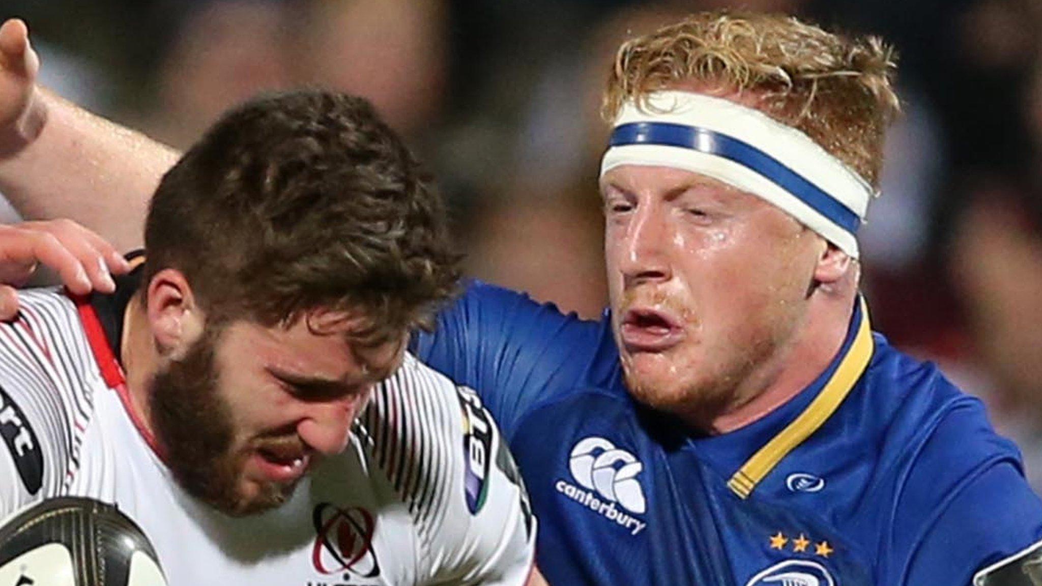 Ulster's Stuart McCloskey is tackled by Dan Leavy of Leinster