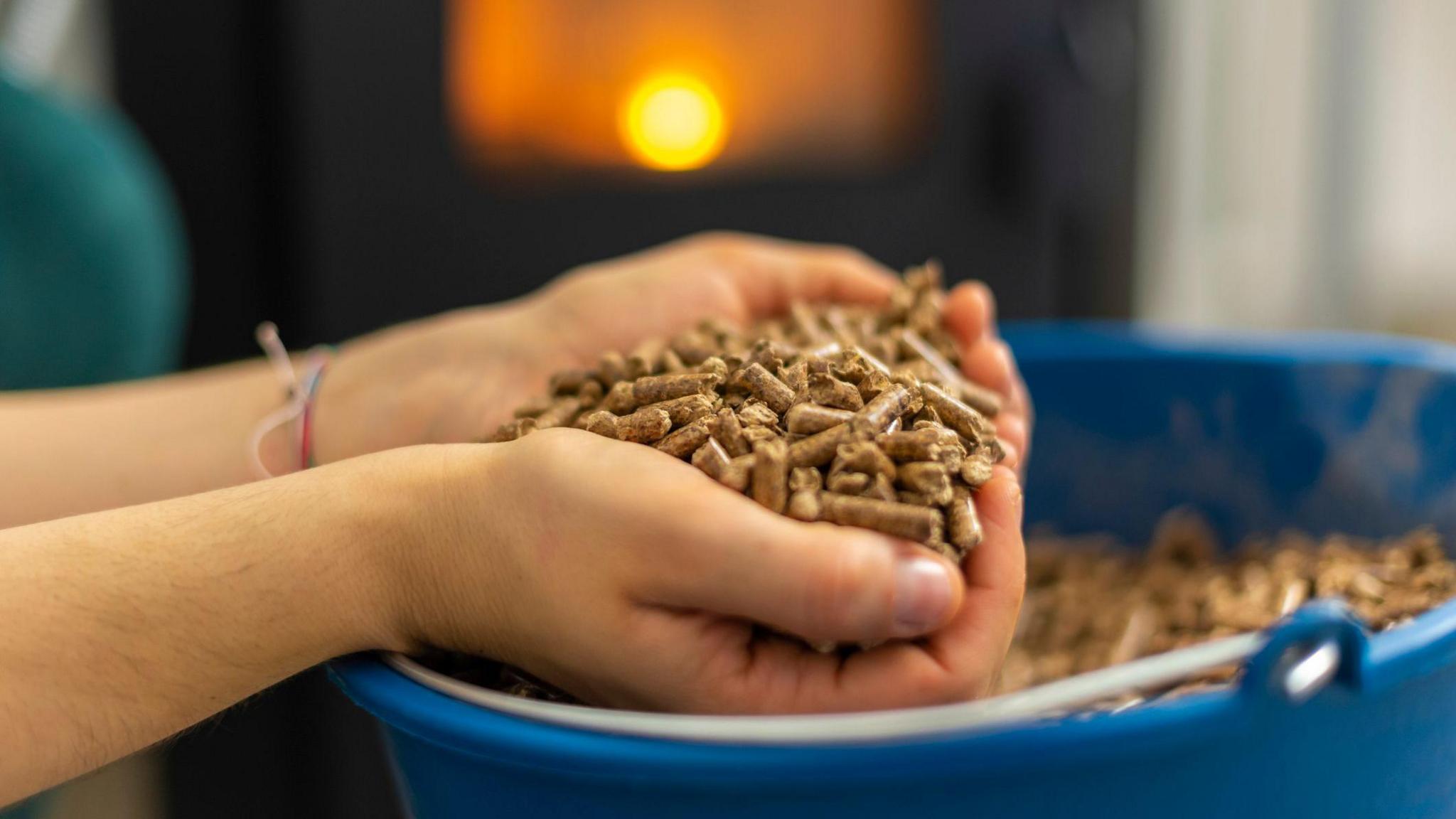 In the foreground a hand holds a small pile of wood pellets, in the background a fire can be seen burning in a boiler 