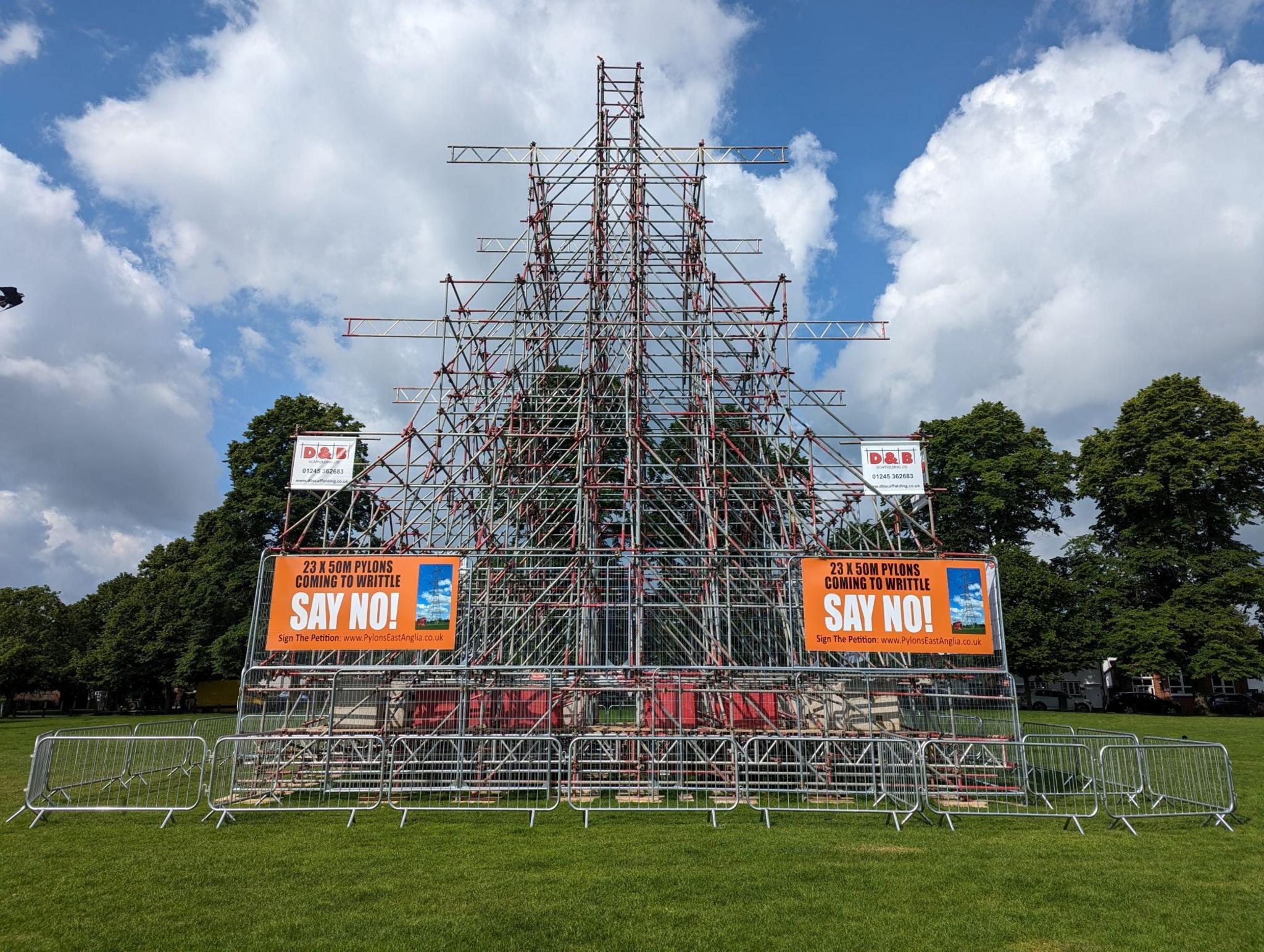 The replica pylon made from scaffolding on Writtle Green