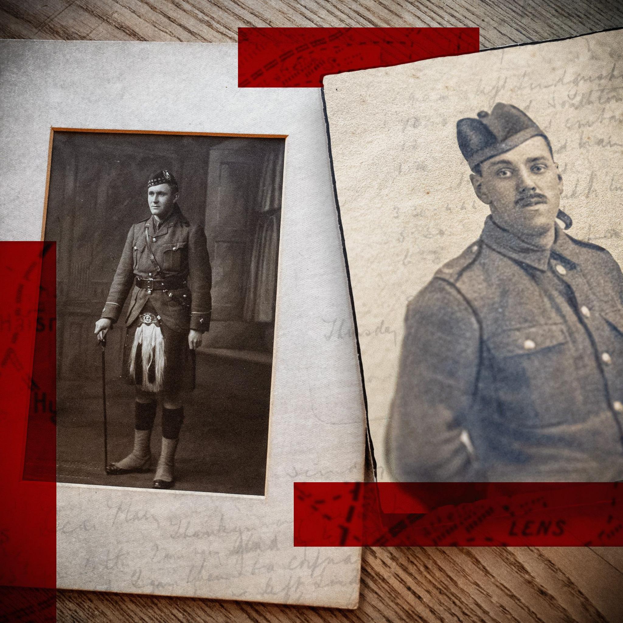 Composite image of two World War One soldiers, James Grant Allan on the left and Gordon McPherson on the right, with a historic map of northern France superimposed in the background