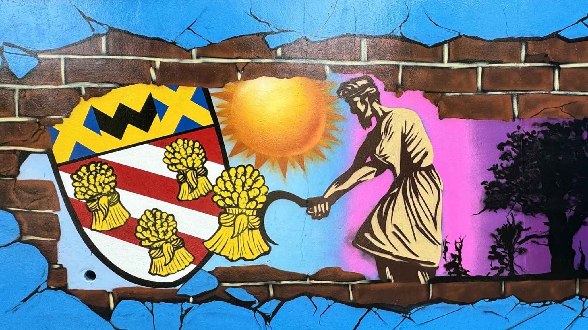 A painting of the Harpenden coat of arms and a man harvesting crops with a hand sickle