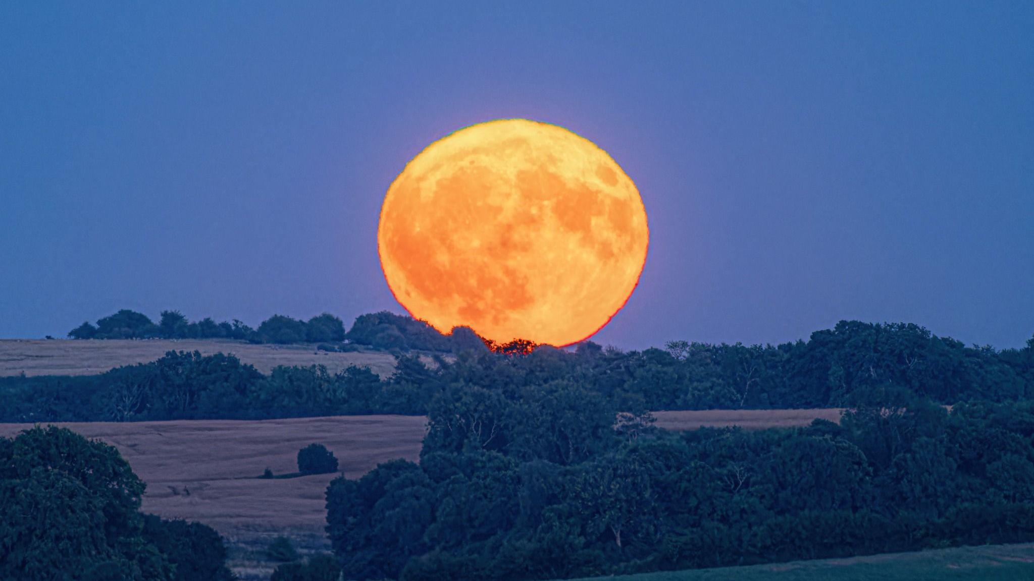 A large bright orange moon looking like a burning sun rising over hills at night. The sky is a dusky blue.