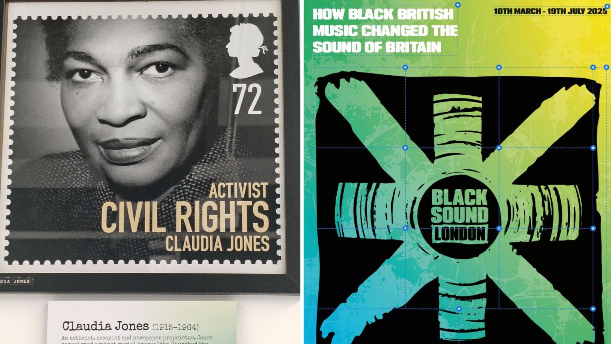 A composite image of the poster image saying Black Sound London in teal and black and a stamp of Claudia Jones, the civil rights activist. 