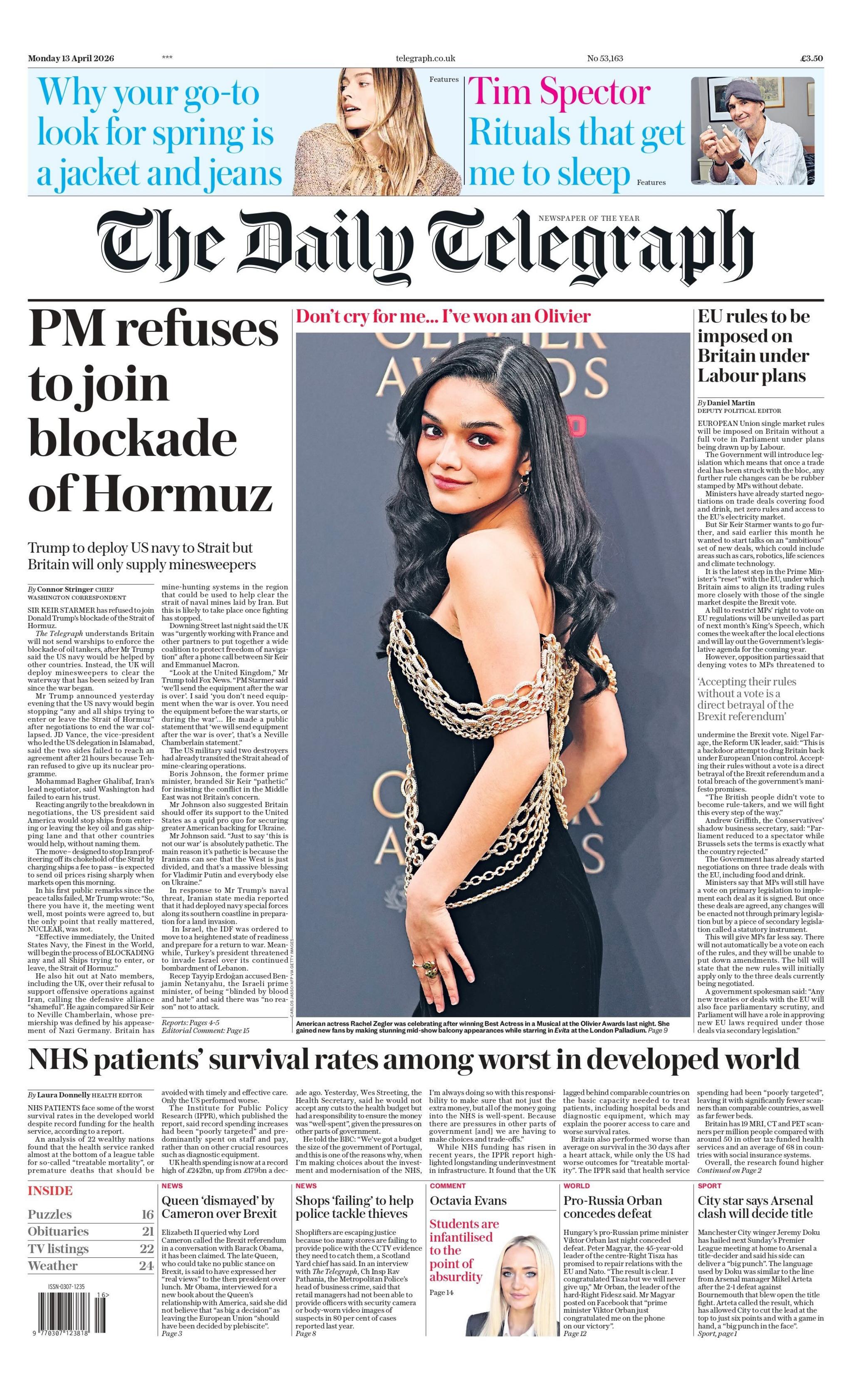 “Kryeministri refuzon t’i bashkohet bllokadës së Hormuzit”, thuhet në titullin kryesor në faqen e parë të Daily Telegraph.
