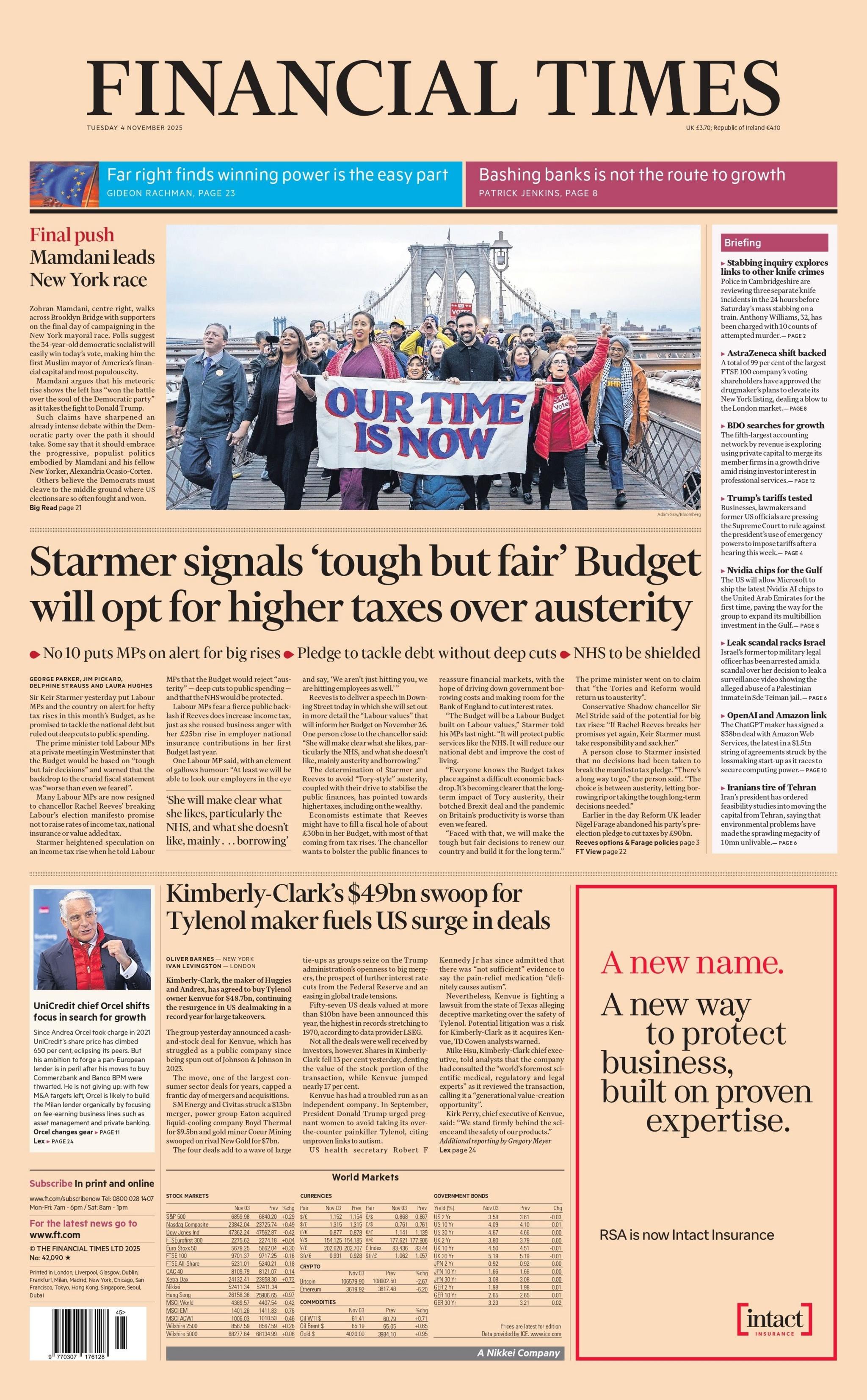 The headline in the FT reads Starmer signals 'tough but fair' Budget will opt for higher taxes over austerity