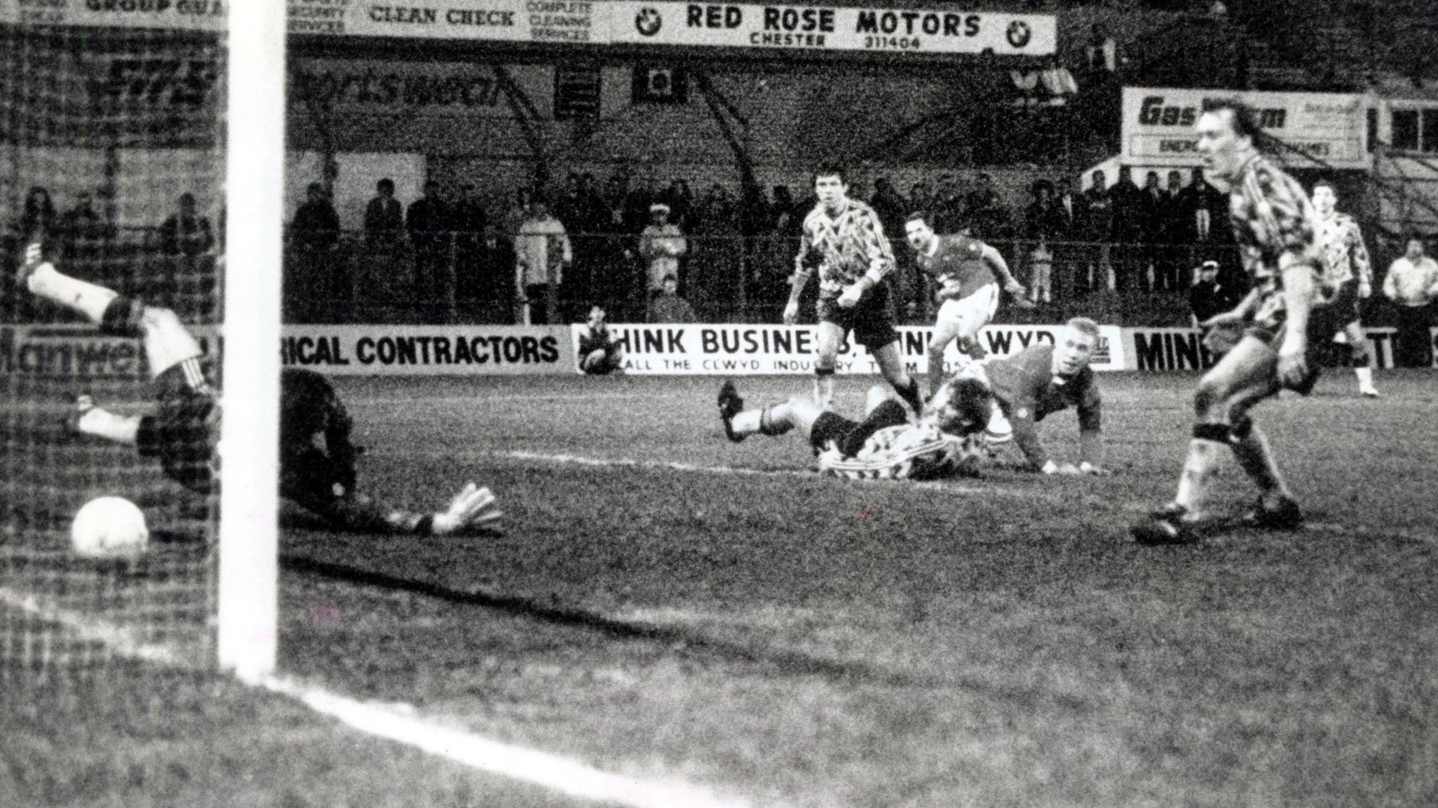 Steve Watkin scores the winner for Wrexham against Arsenal in 1992