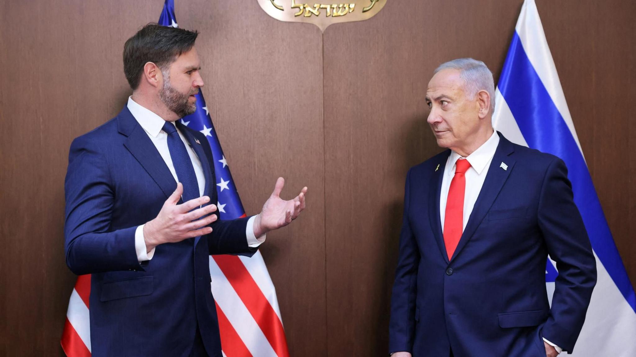 US Vice-President JD Vance and Israel's Prime Minister, Benjamin Netanyahu, speak during a meeting at the Prime Minister's Office in Jerusalem (22 October 2025)