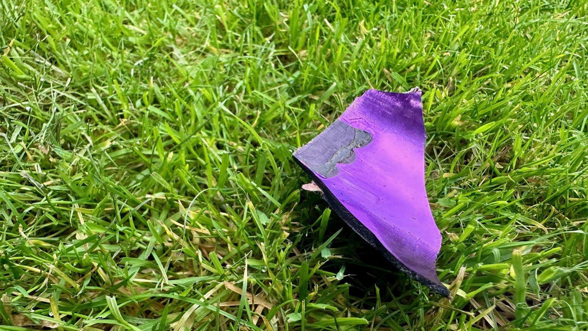 A close-up of a shard of purple plastic, with sharp edges, on a green lawn