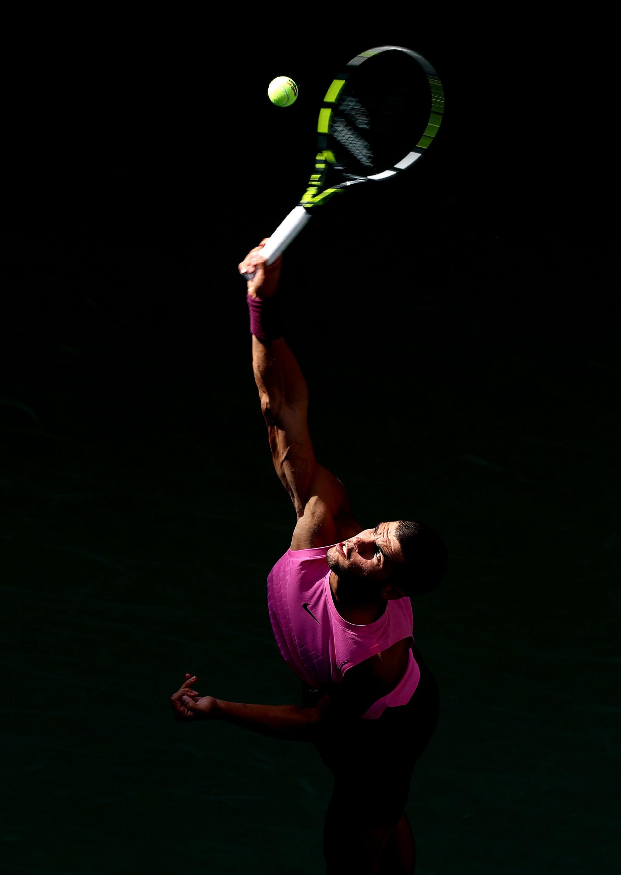 Spain's Carlos Alcaraz serves to France's Arthur Rinderknech during their Men's Singles Fourth Round match at USTA Billie Jean King National Tennis Center in the Flushing neighborhood of the Queens borough of New York City. Photo by Clive Brunskill