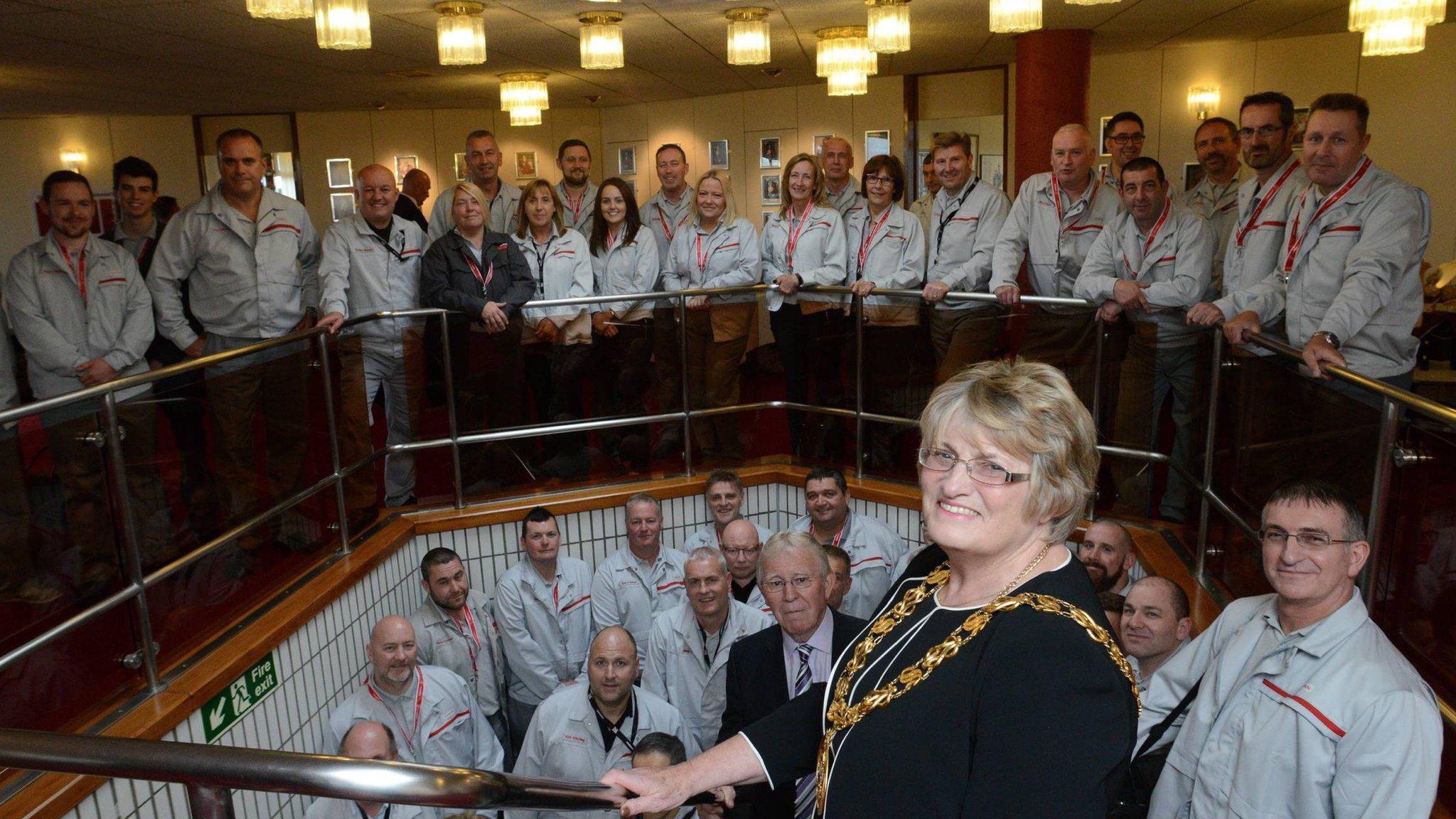 Deputy Leader Sunderland City Council Harry Trueman and Mayor of Sunderland Cllr Doris McKnight with some of Nissan's Sunderland workforce