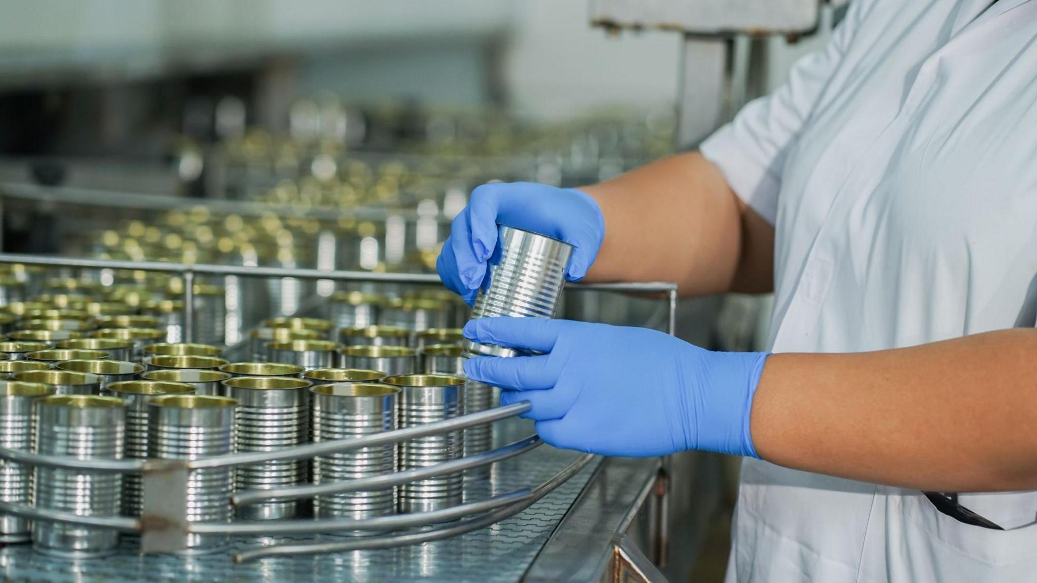 A worker wearing blue latex gloves handles empty silver tin cans on a factory production line