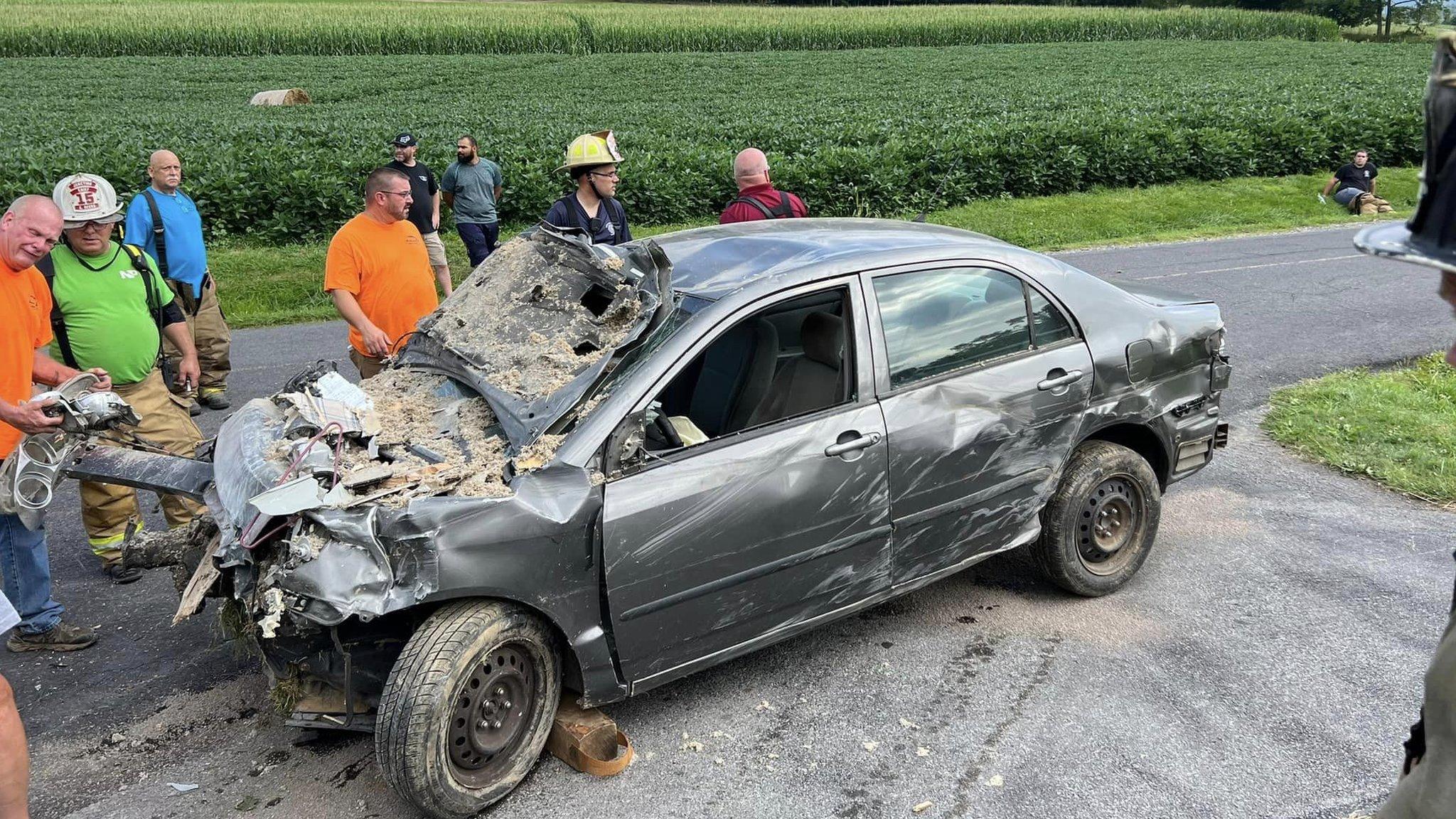 Car after crash into the second floor