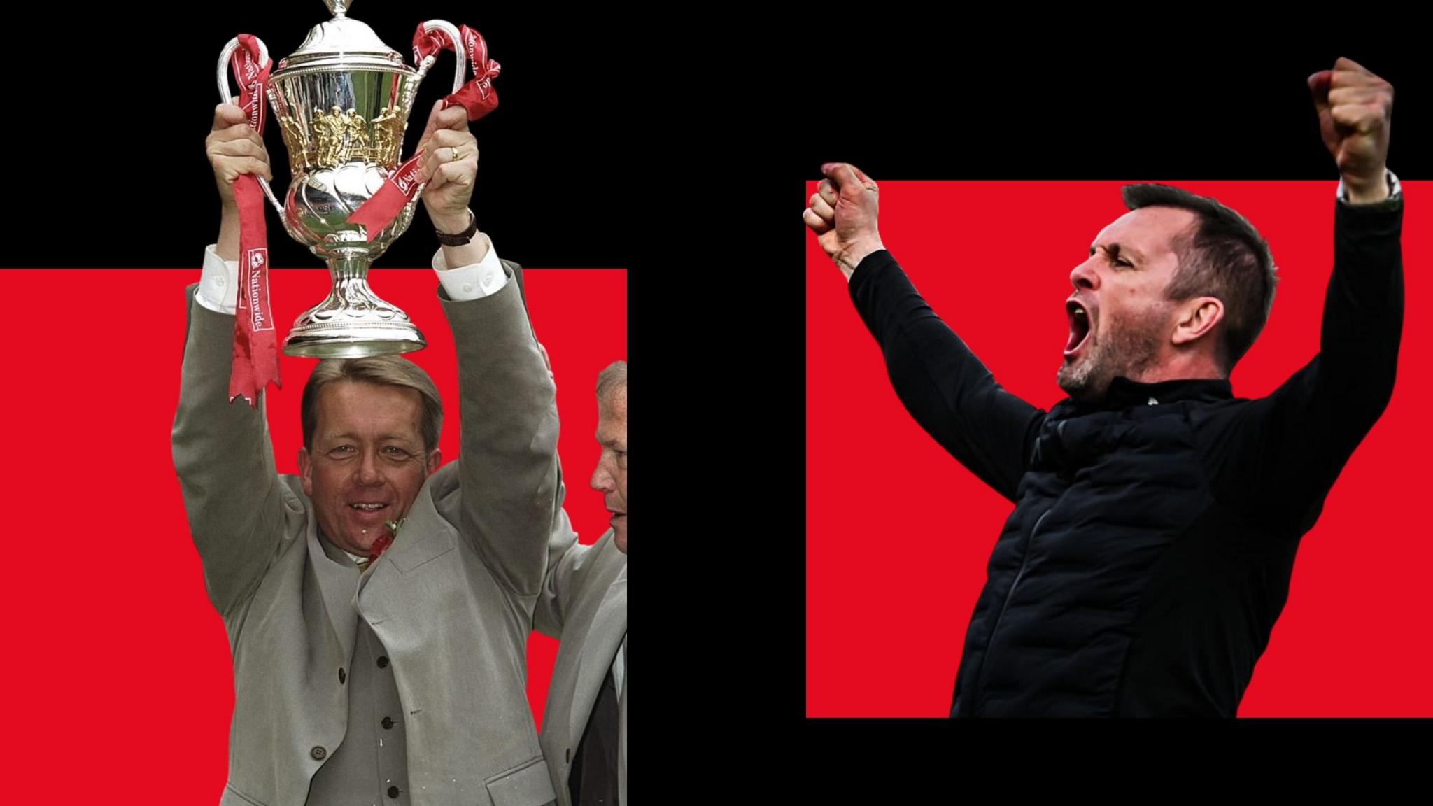 A composite image of Alan Curbishley [left] celebrating with the Division One play-off trophy and Nathan Jones [right] celebrating with arms aloft