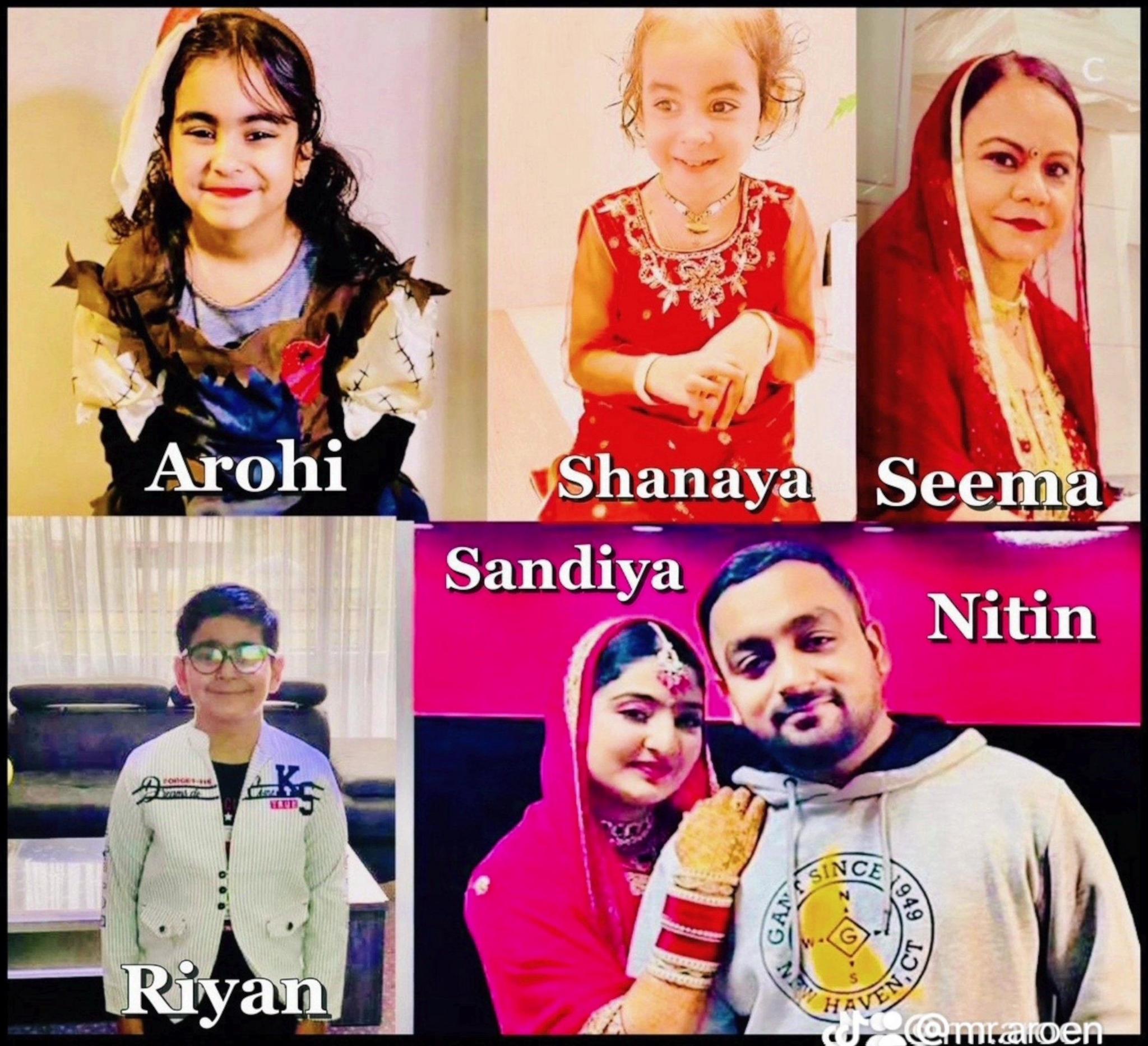 A composite image Mr Kishen's three children, wife and two friends.