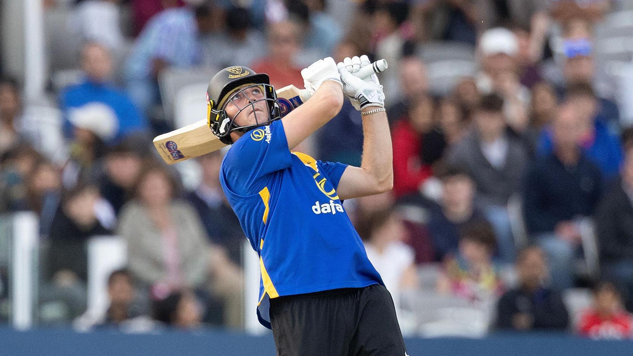 James Coles looks skywards with his bat over his head batting at Lord's  