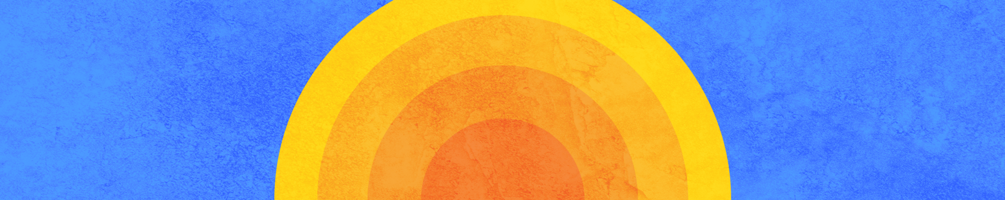 Thin, blue banner with yellow and orange concentric semi-circles in the centre forming an abstract image of the sun.