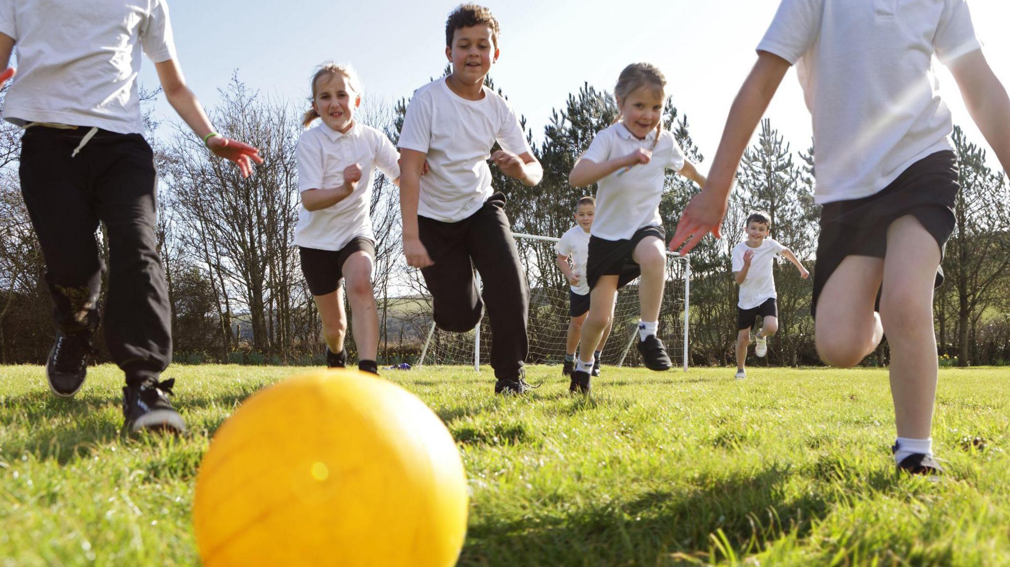 A group of children in black and white uniforms run towards a yellow ball on green grass.