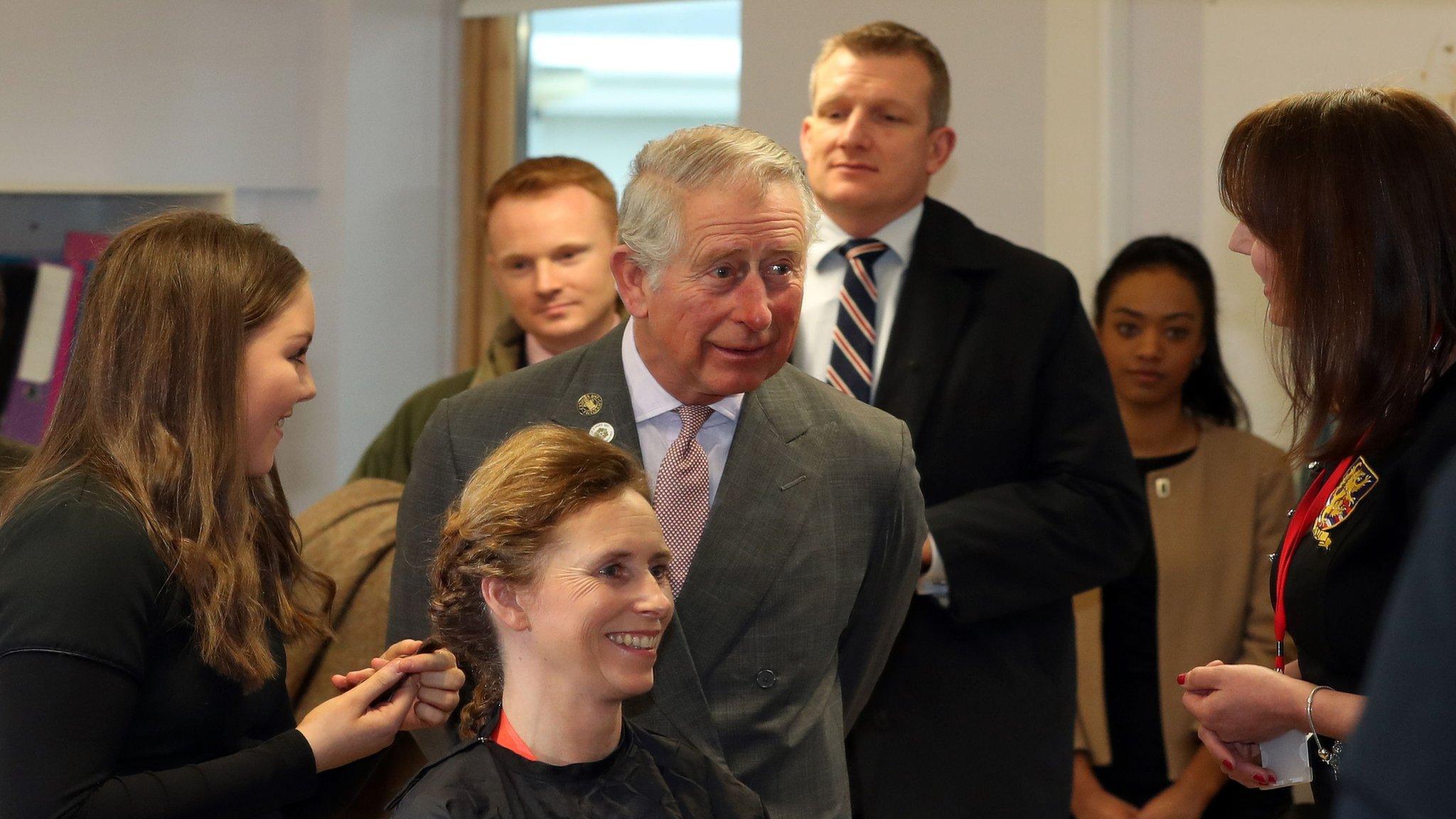 Prince Charles at the Applied Learning Centre at the Ullswater Community College in Penrith, during a day of visits to Cumbria, three months after he visited flood-hit communities in the wake of Storm Desmond.