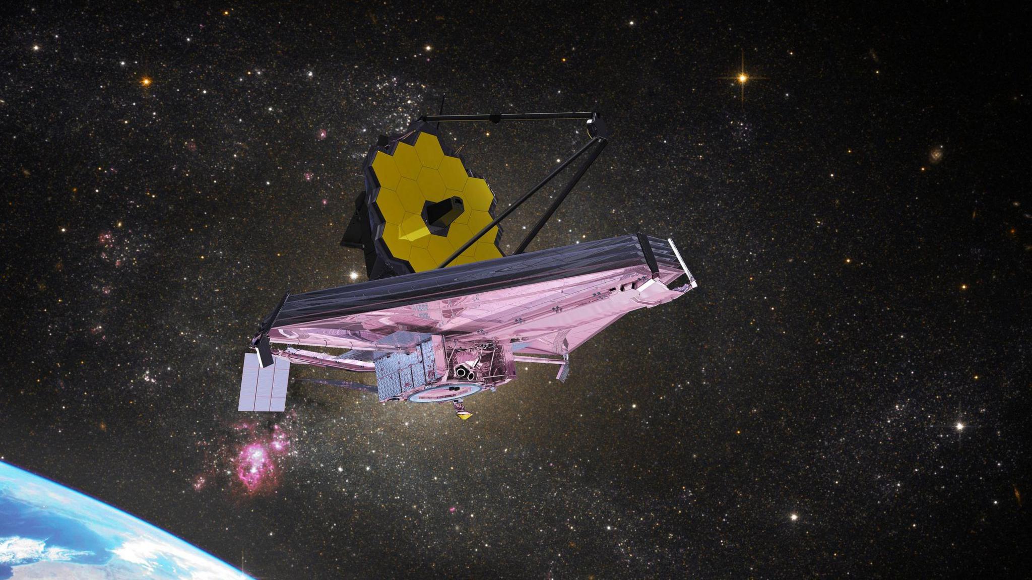 A computer generated image of the James Webb Space Telescope above the Earth