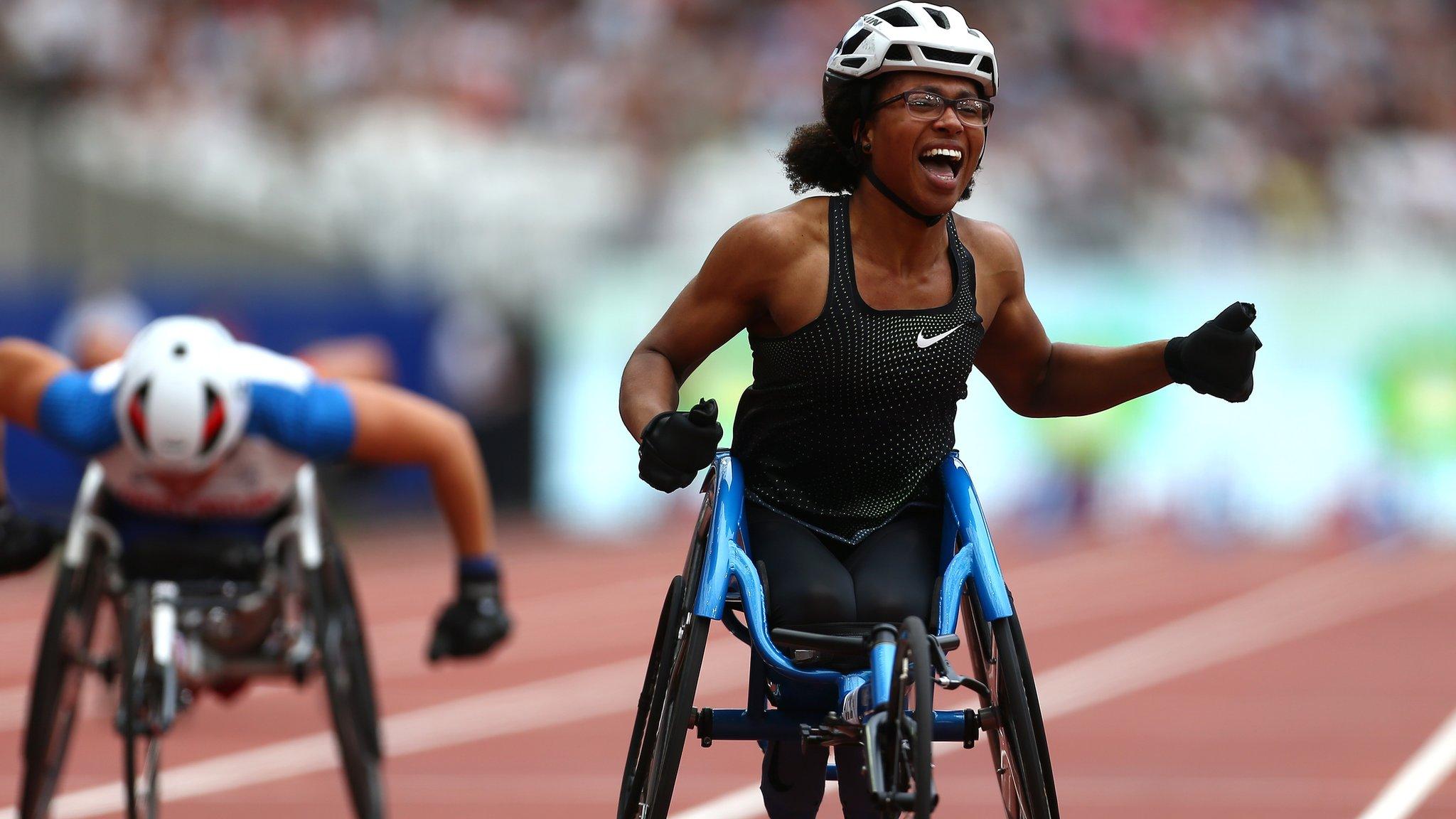 Kare Adenegan of Great Britain celebrates victory after setting the new world record following the Women's T34 100m during day two of the Muller Anniversary Games at London Stadiu