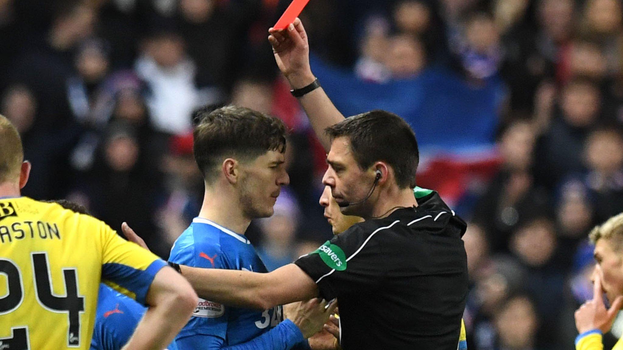 Rangers' Rob Kiernan is shown a red card against St Johnstone